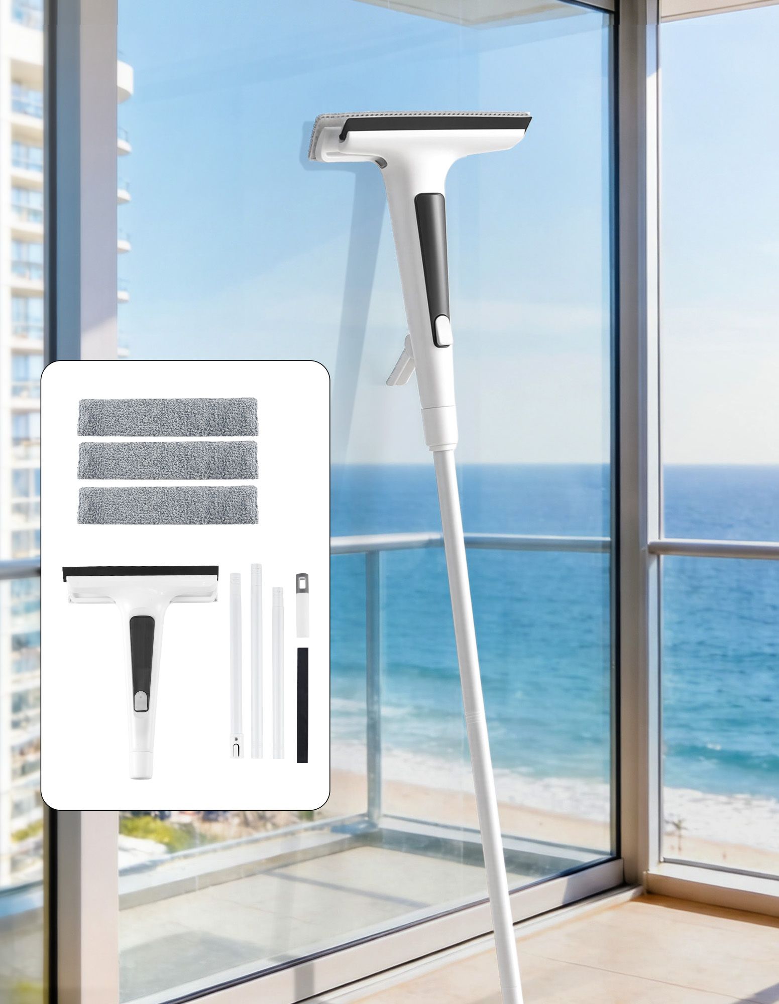 Giantz Window Cleaner Mirror Car, Spray Scrub Squeegee 136cm Extendable Long Handle with Water Tank 3 Microfiber Pads, Glass Scrubber for High Windows Home Car Mirror, White