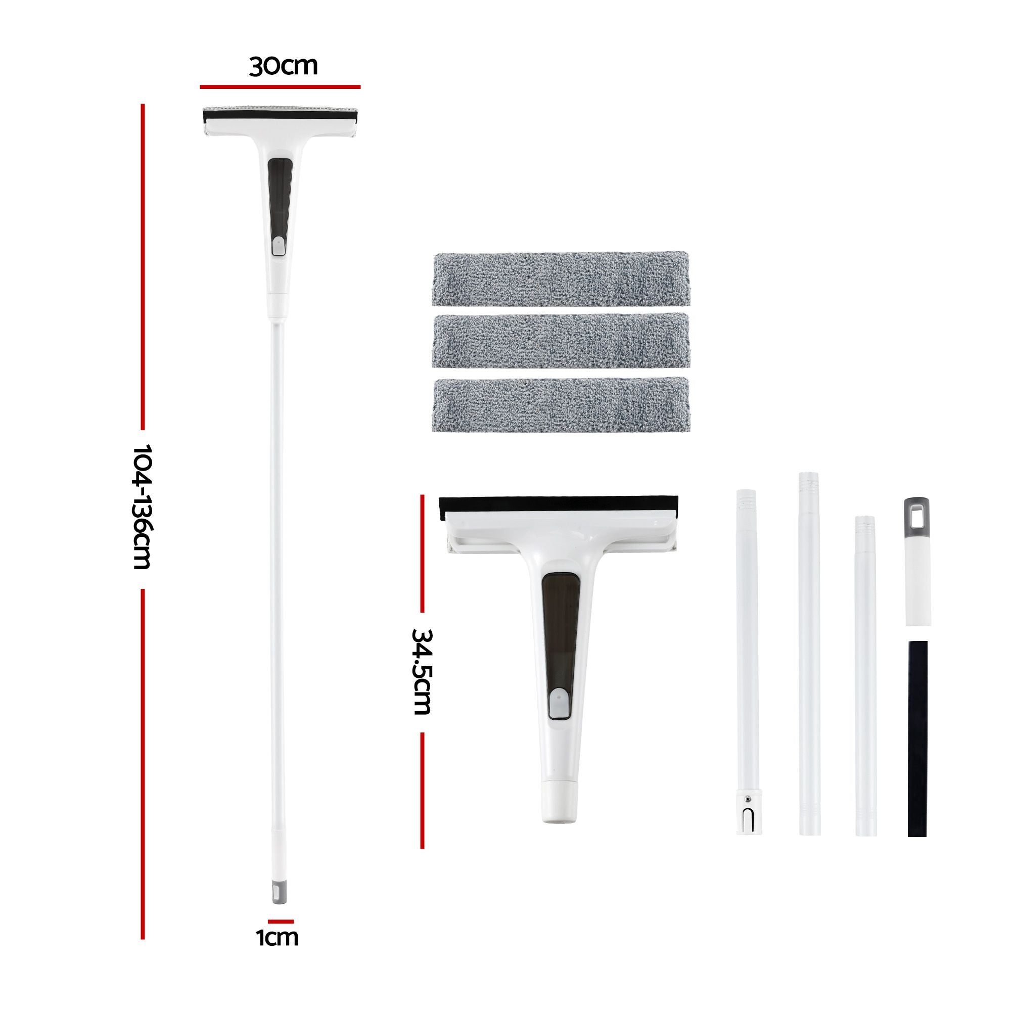 Giantz Window Cleaner Mirror Car, Spray Scrub Squeegee 136cm Extendable Long Handle with Water Tank 3 Microfiber Pads, Glass Scrubber for High Windows Home Car Mirror, White