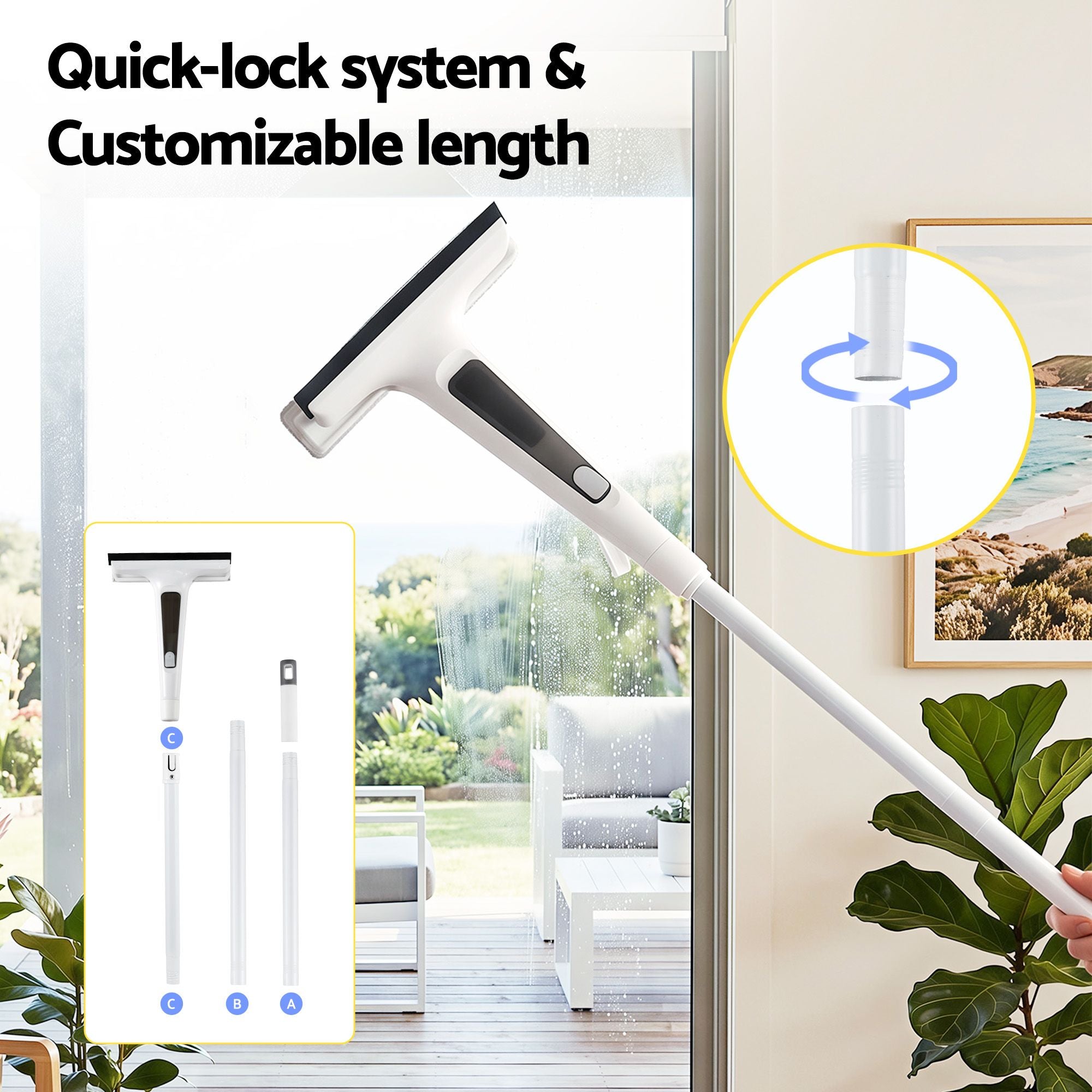 Giantz Window Cleaner Mirror Car, Spray Scrub Squeegee 136cm Extendable Long Handle with Water Tank 3 Microfiber Pads, Glass Scrubber for High Windows Home Car Mirror, White