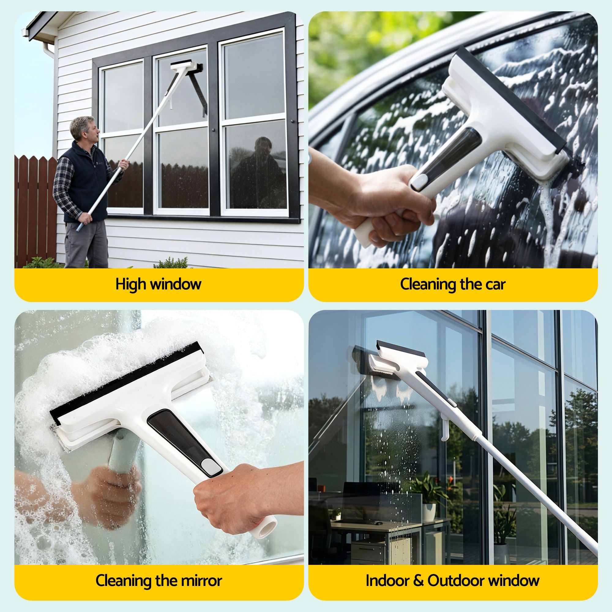 Giantz Window Cleaner Mirror Car, Spray Scrub Squeegee 136cm Extendable Long Handle with Water Tank 3 Microfiber Pads, Glass Scrubber for High Windows Home Car Mirror, White