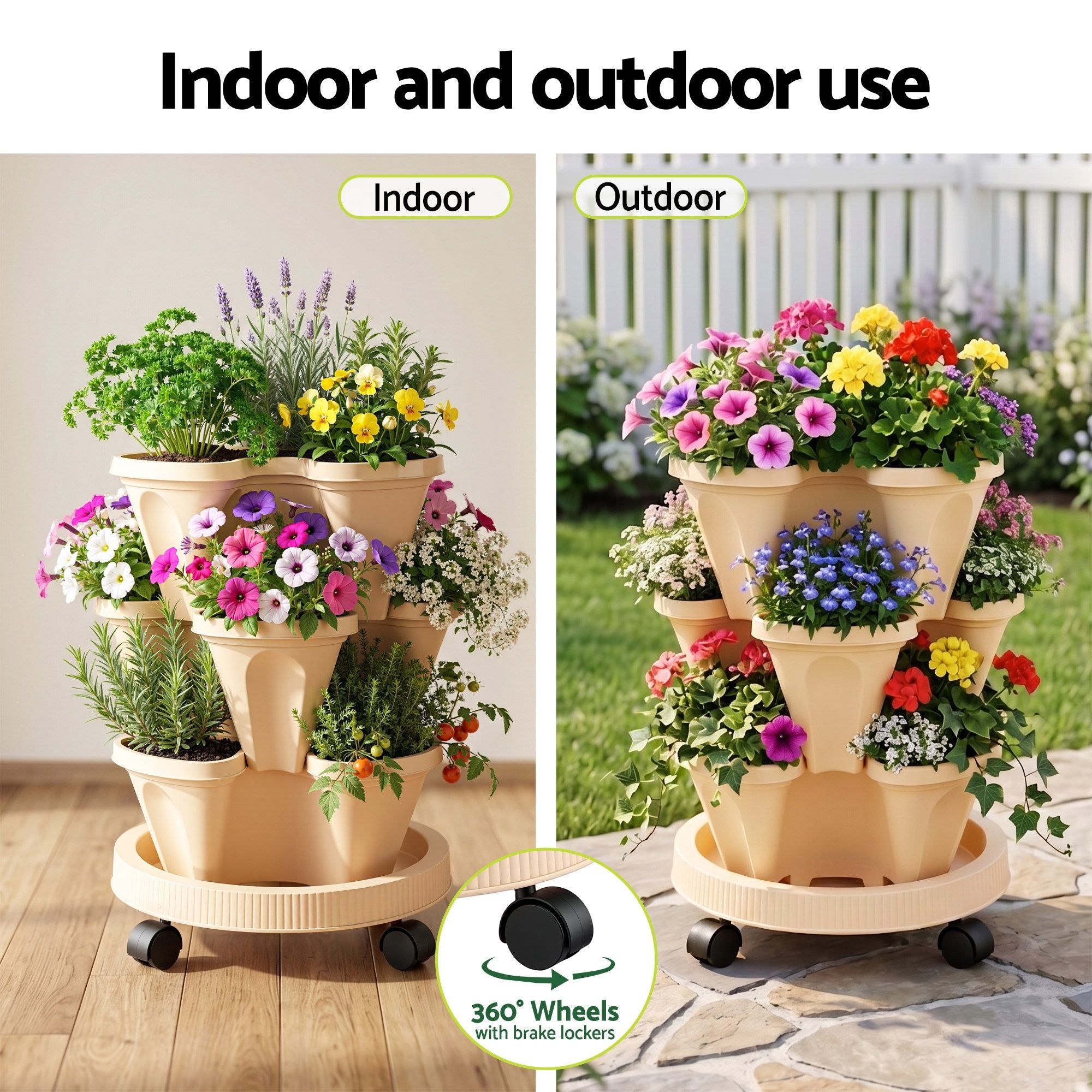 Green Fingers 3 Tier Stackable Vertical Planter Tower Strawberry Pot Wheels Beige