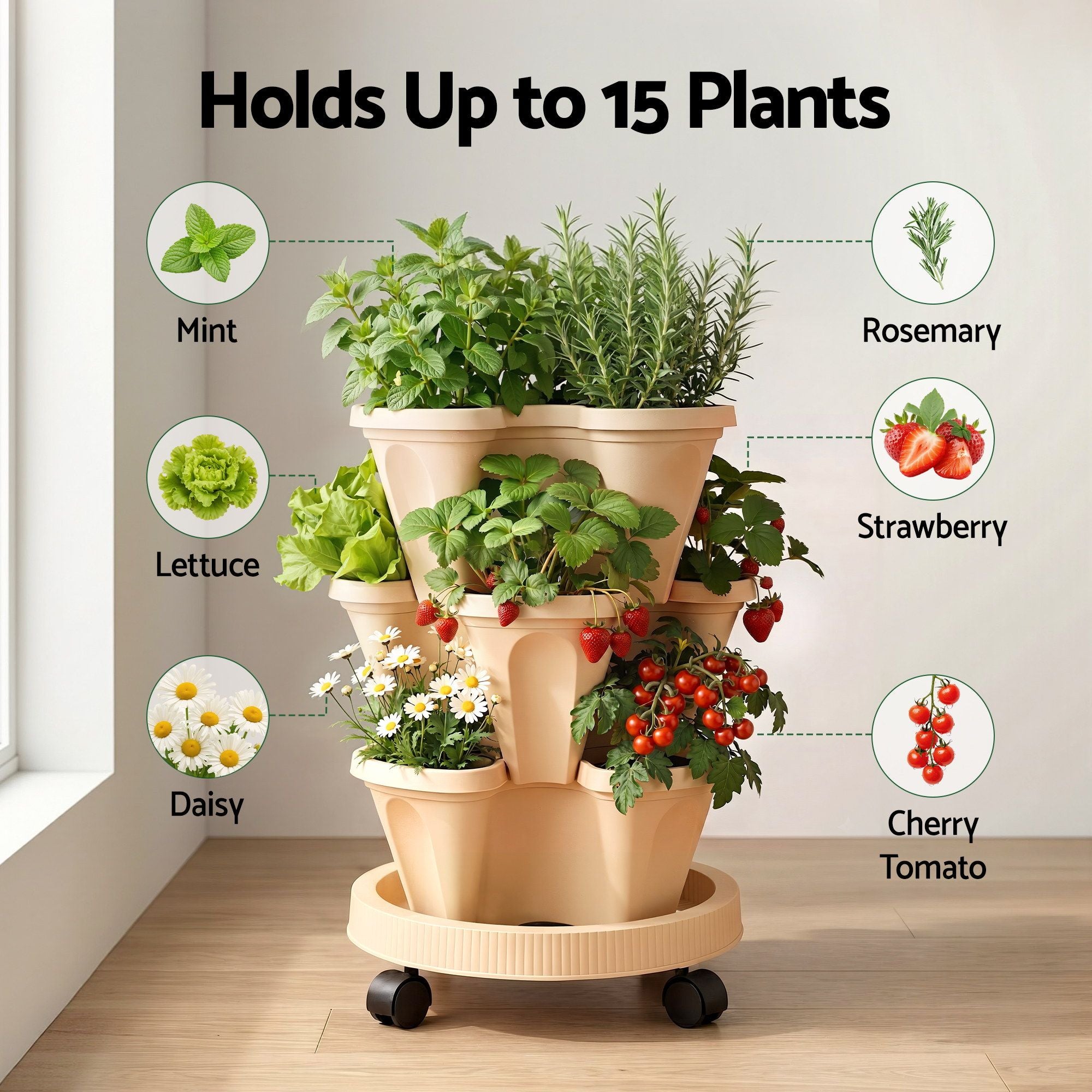 Green Fingers 3 Tier Stackable Vertical Planter Tower Strawberry Pot Wheels Beige