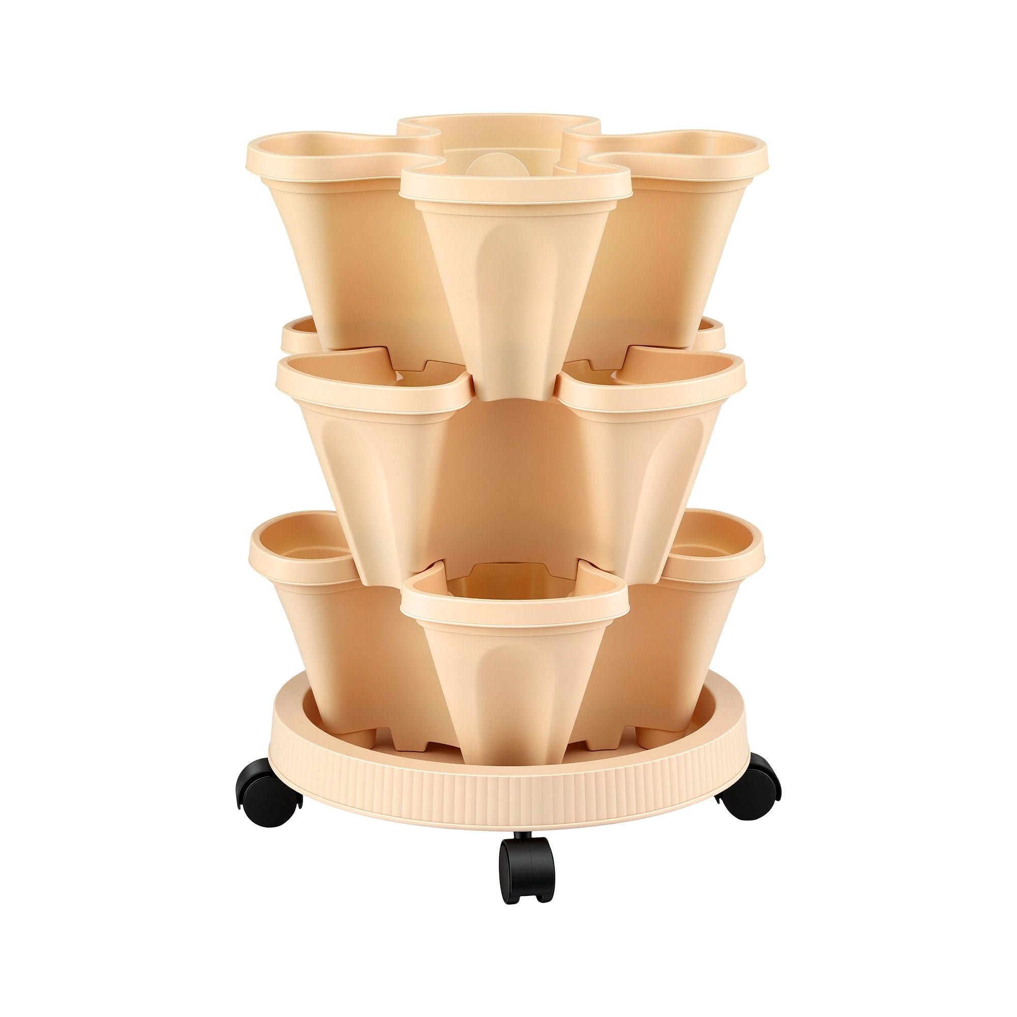 Green Fingers 3 Tier Stackable Vertical Planter Tower Strawberry Pot Wheels Beige