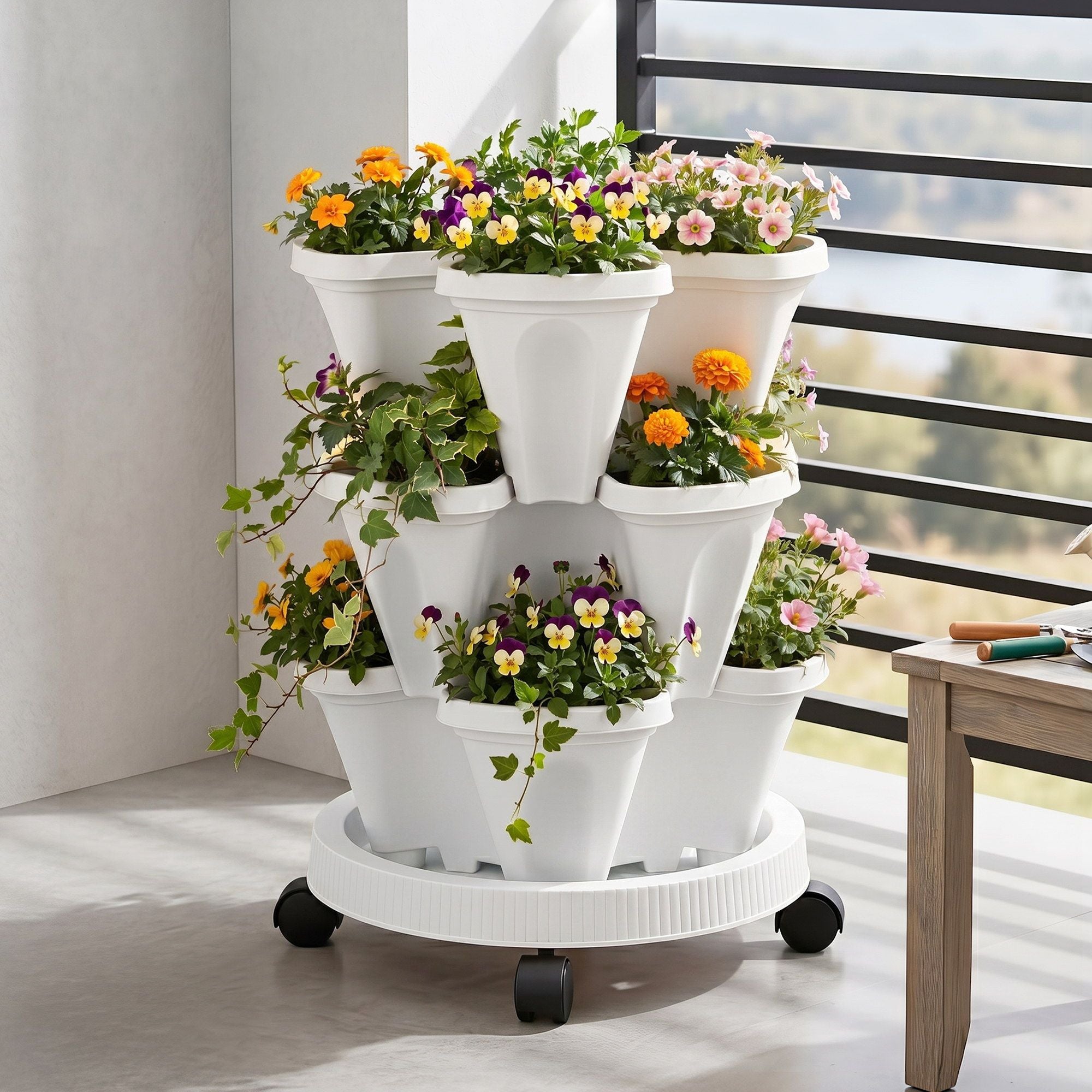 Green Fingers 3 Tier Stackable Vertical Planter Tower Strawberry Pot Wheels White