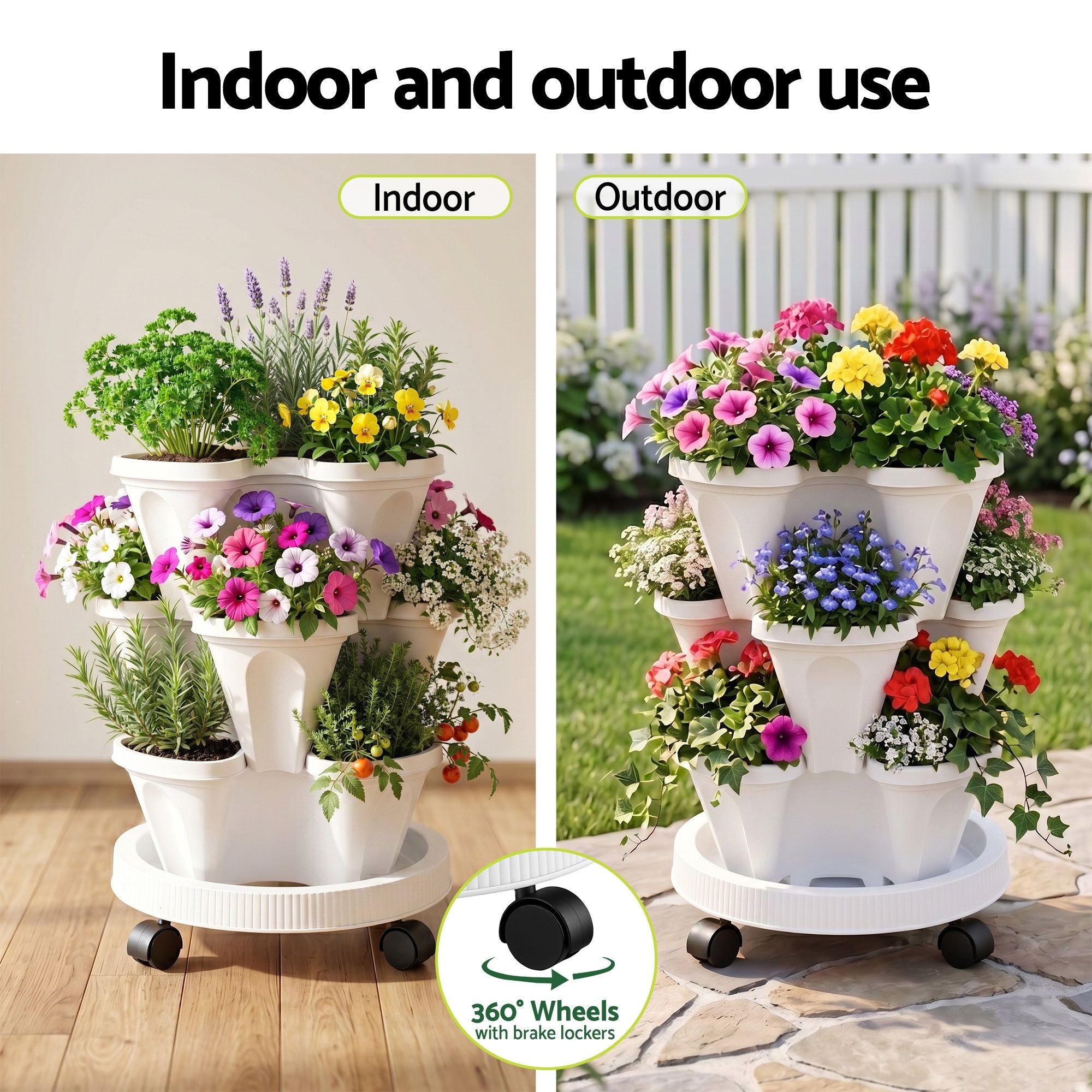 Green Fingers 3 Tier Stackable Vertical Planter Tower Strawberry Pot Wheels White