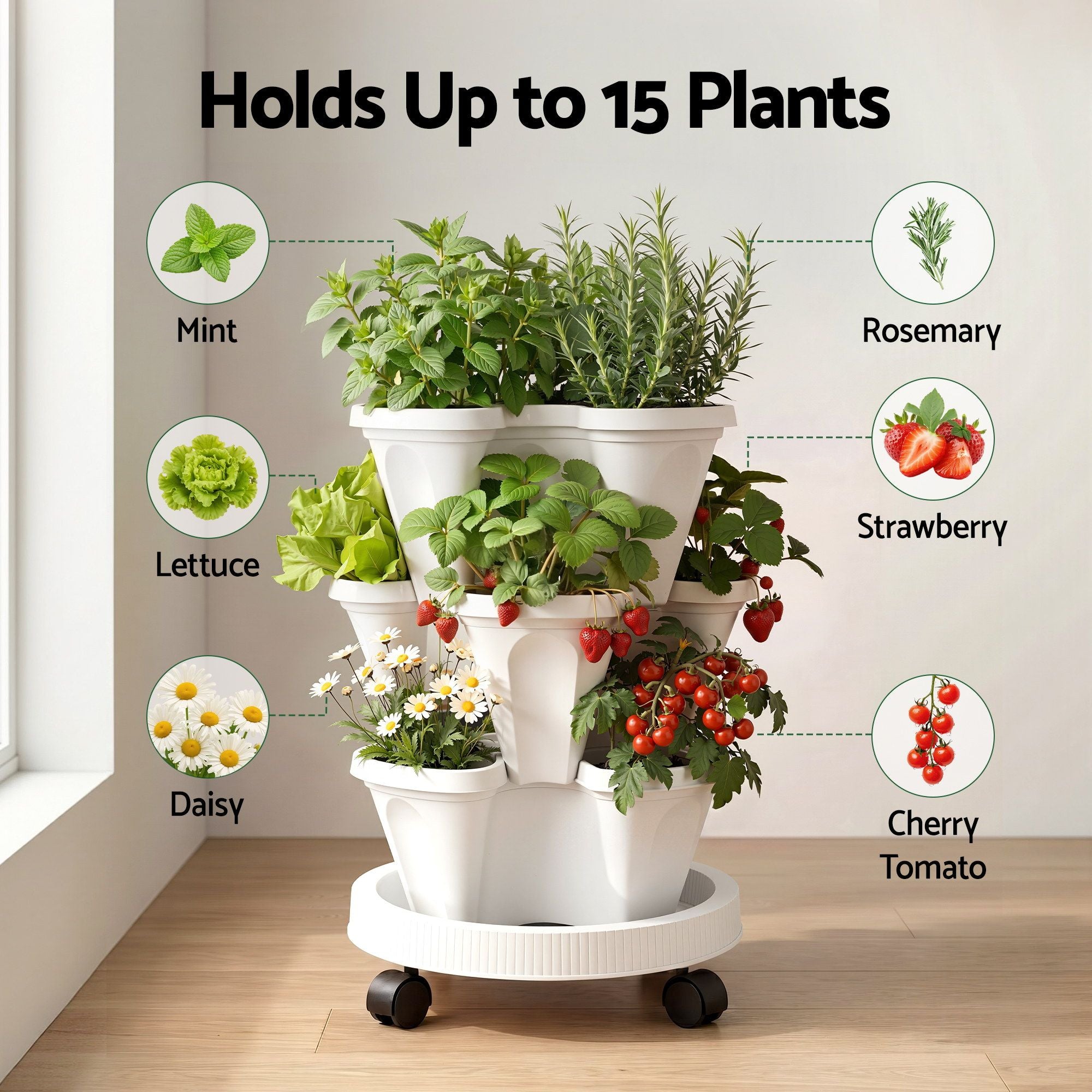 Green Fingers 3 Tier Stackable Vertical Planter Tower Strawberry Pot Wheels White