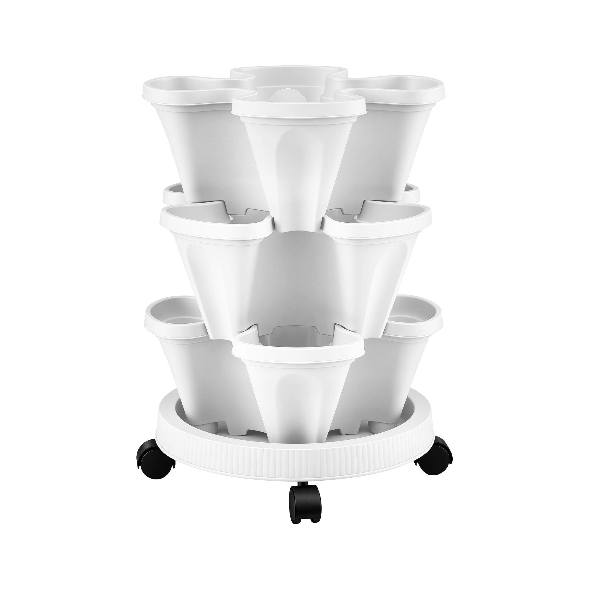 Green Fingers 3 Tier Stackable Vertical Planter Tower Strawberry Pot Wheels White
