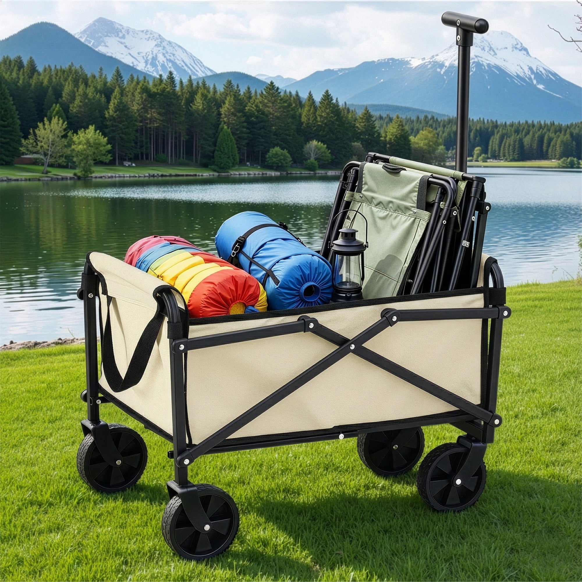 Spreaders & Wheelbarrows: Gardeon Garden Cart Folding Trolley Camping Wagon Barrow Outdoor Beach Beige