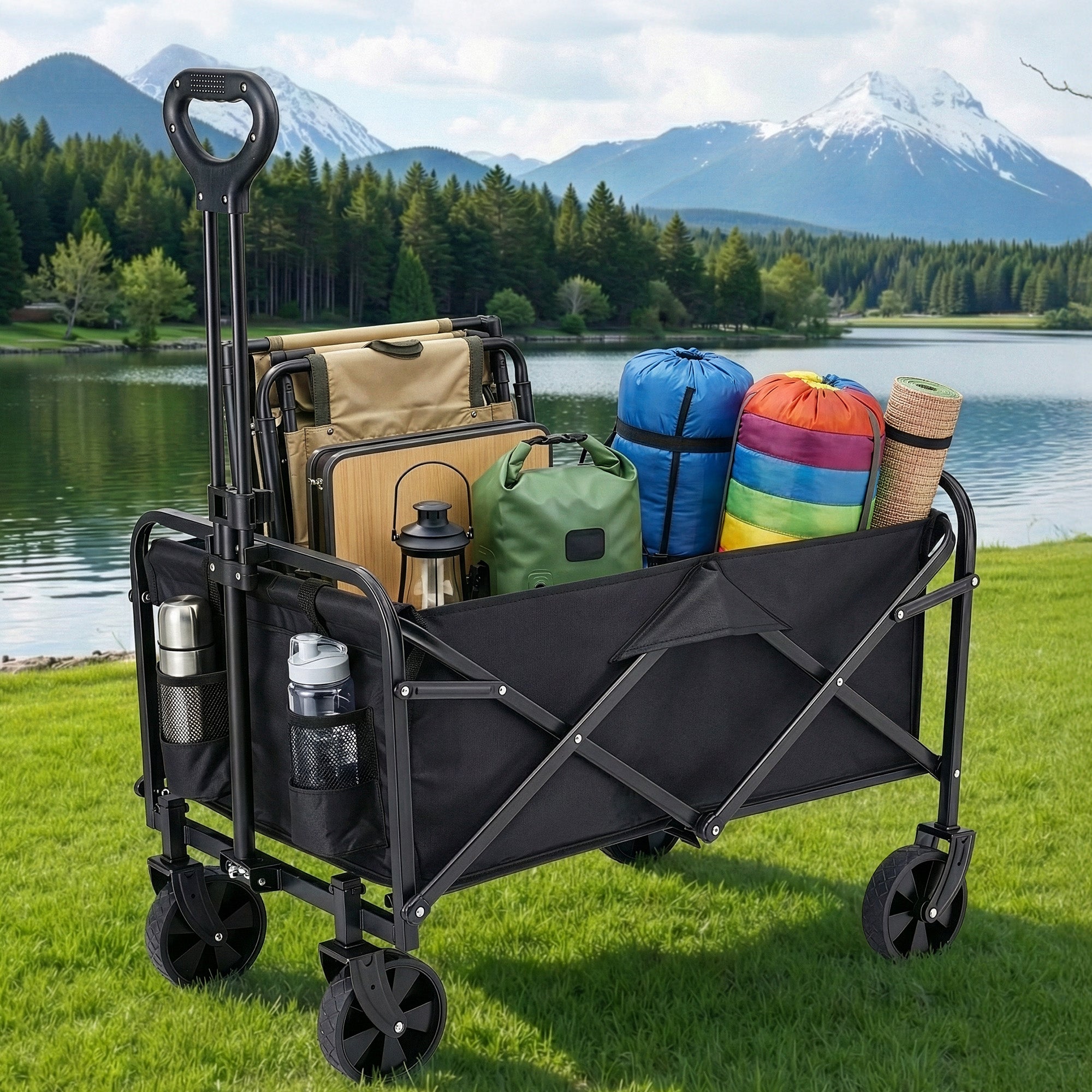 Spreaders & Wheelbarrows: Gardeon Garden Cart Folding Trolley Camping Wagon Barrow Outdoor Beach Black