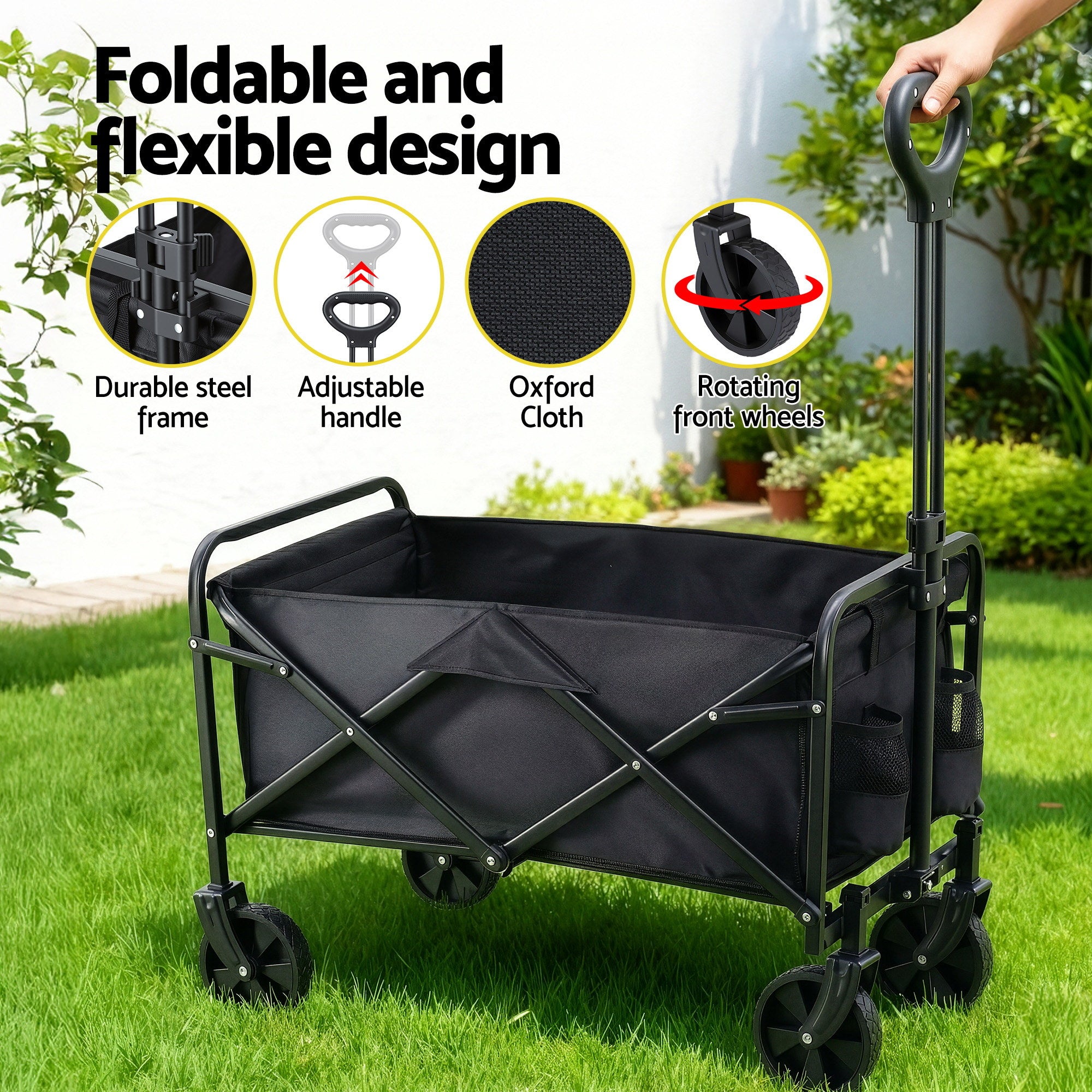 Spreaders & Wheelbarrows: Gardeon Garden Cart Folding Trolley Camping Wagon Barrow Outdoor Beach Black