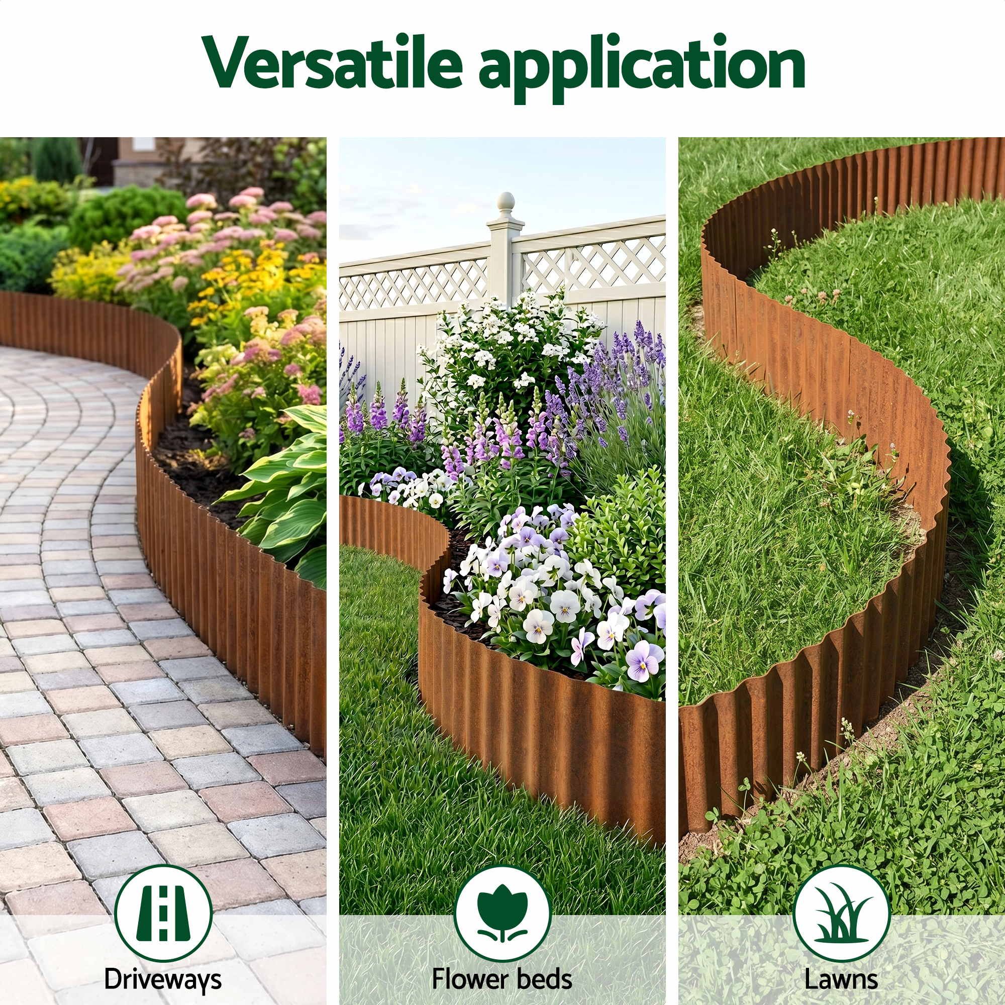 Green Fingers Garden Edging 10ft Metal Flexible Garden Border Corrugated Steel Lawn Edging Rust