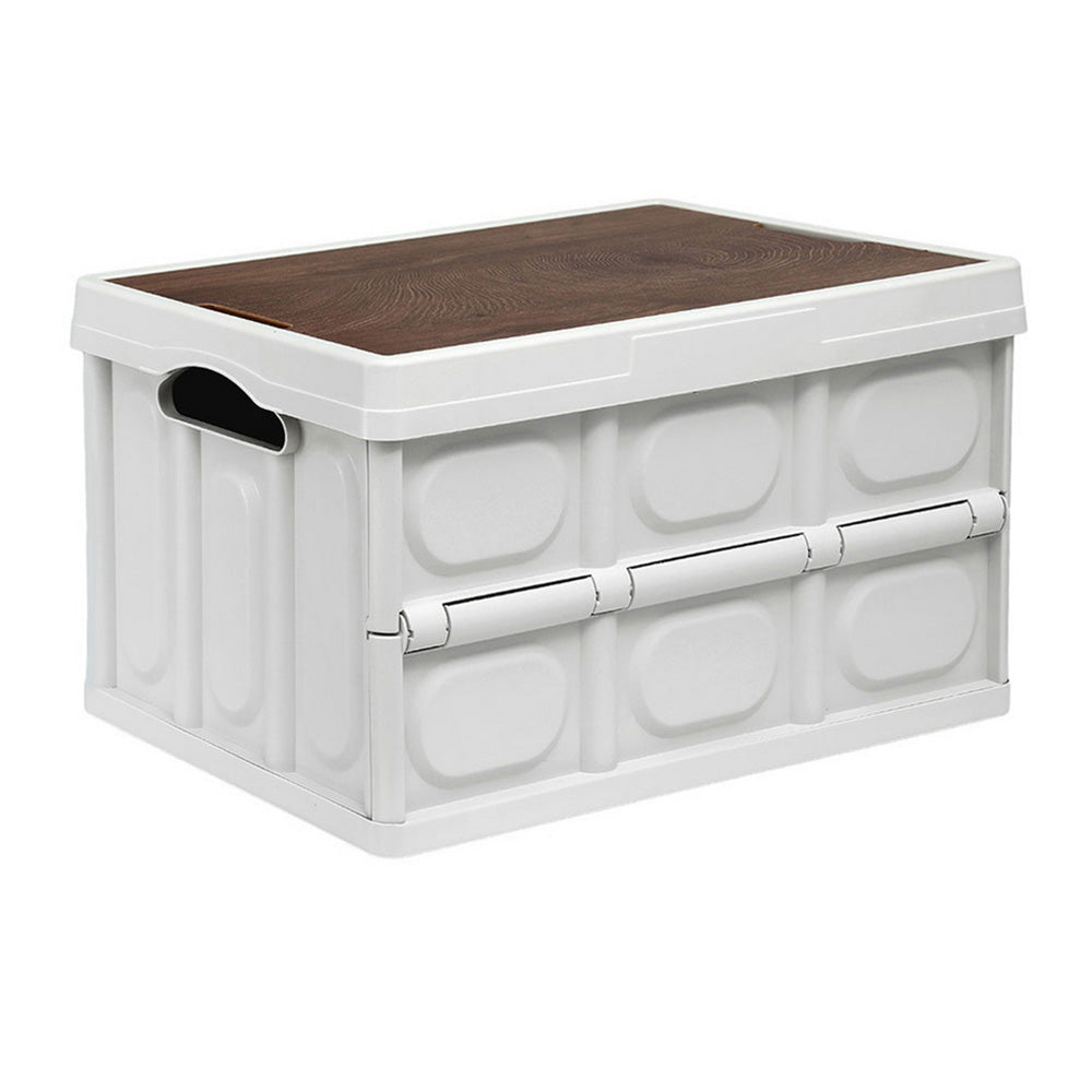 Storage Boxes: Gardeon Collapsible Outdoor Storage Box 50L Stackable Folding Camping Organizer Plywood Lid Beige