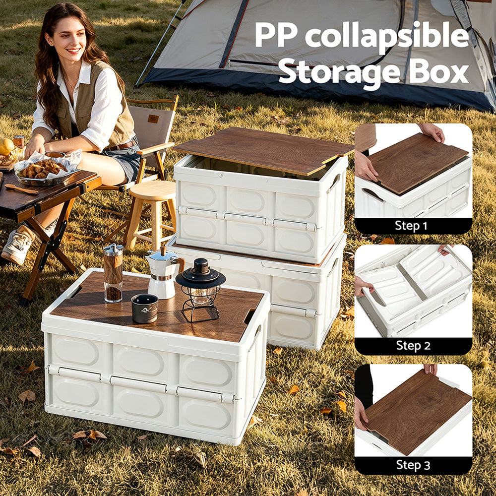 Storage Boxes: Gardeon Collapsible Outdoor Storage Box 50L Stackable Folding Camping Organizer Plywood Lid Beige