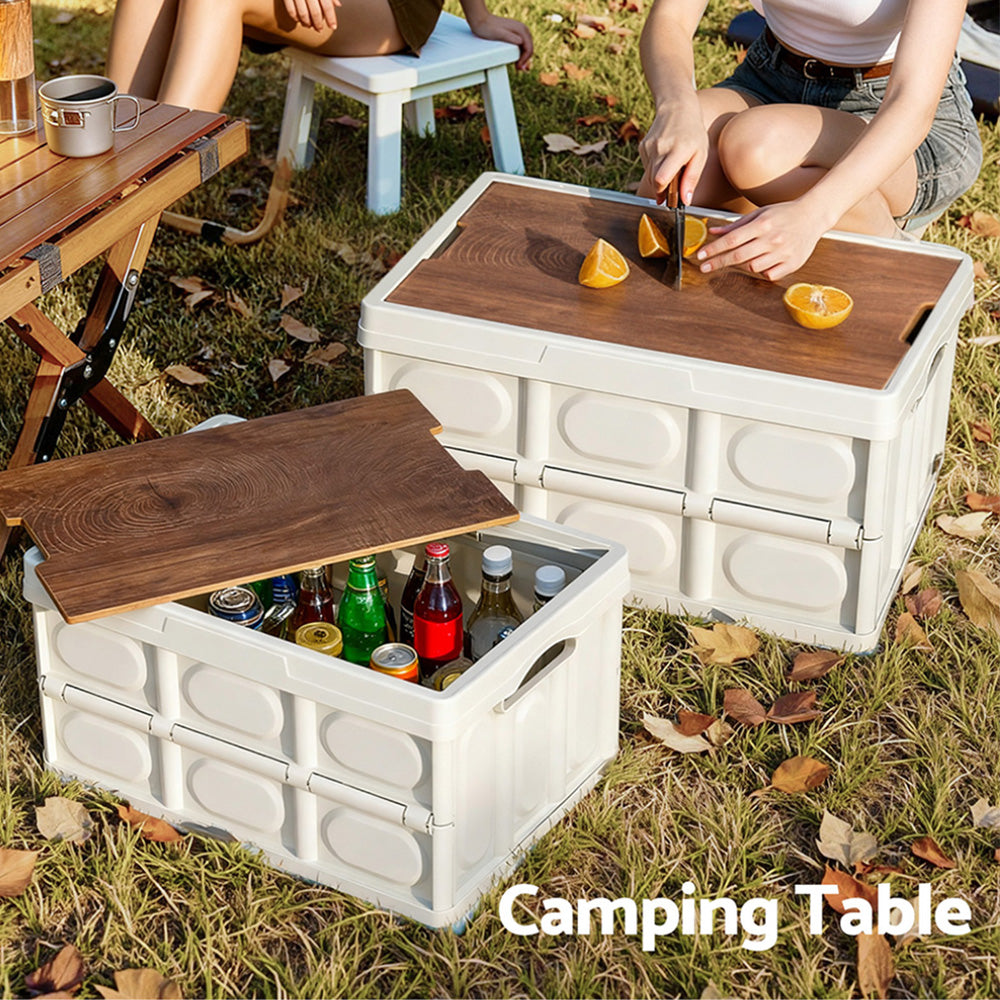 Storage Boxes: Gardeon Collapsible Outdoor Storage Box 50L Stackable Folding Camping Organizer Plywood Lid Beige