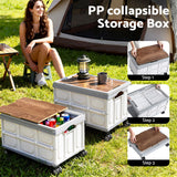Storage Boxes: Gardeon Collapsible Outdoor Storage Box 54L Stackable Folding Camping Organizer Wheels Plywood Lid Beige