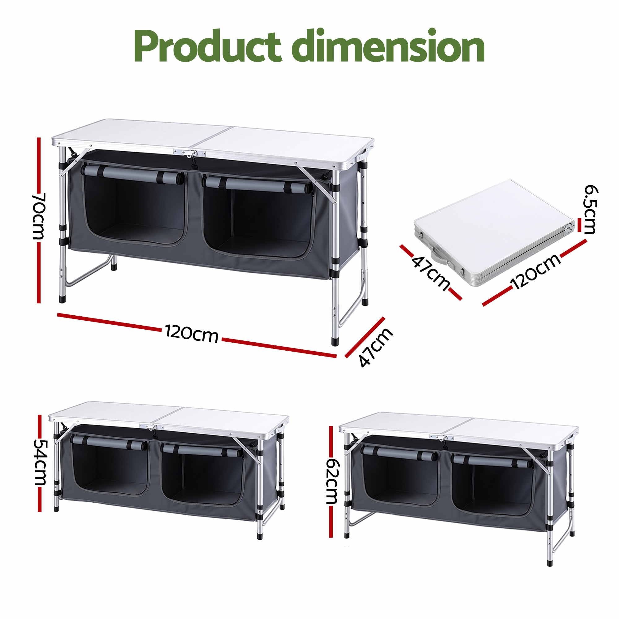 Weisshorn Camping Table Adjustable Storage Cabinet Aluminum MDF 120cm Grey