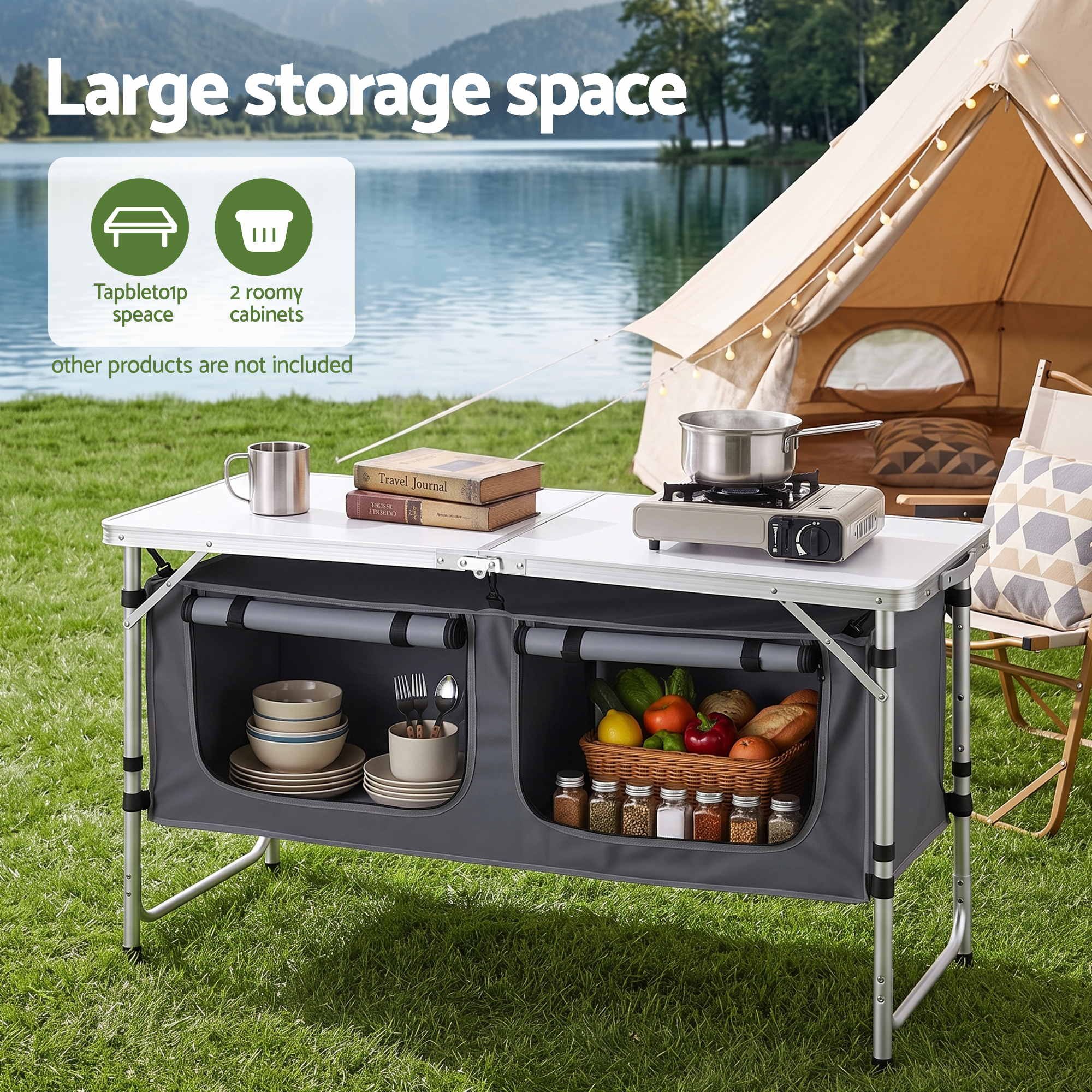 Weisshorn Camping Table Adjustable Storage Cabinet Aluminum MDF 120cm Grey
