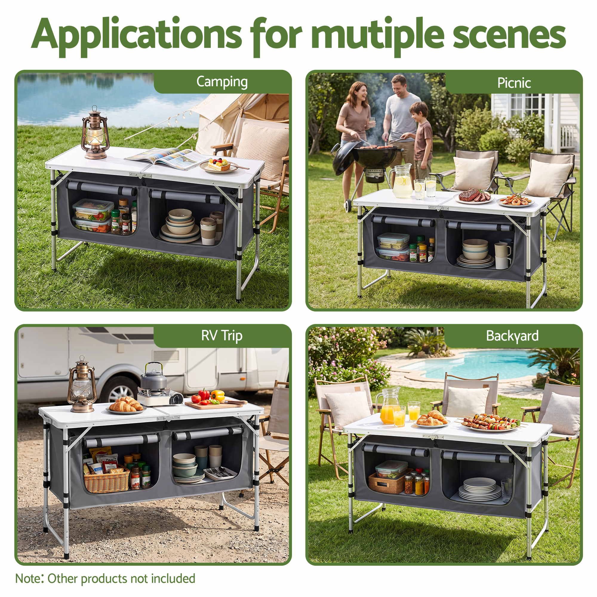Weisshorn Camping Table Adjustable Storage Cabinet Aluminum MDF 120cm Grey