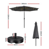 Instahut Outdoor Umbrella 2.9m Market Umbrella with String Light Tilt Charcoal Shade