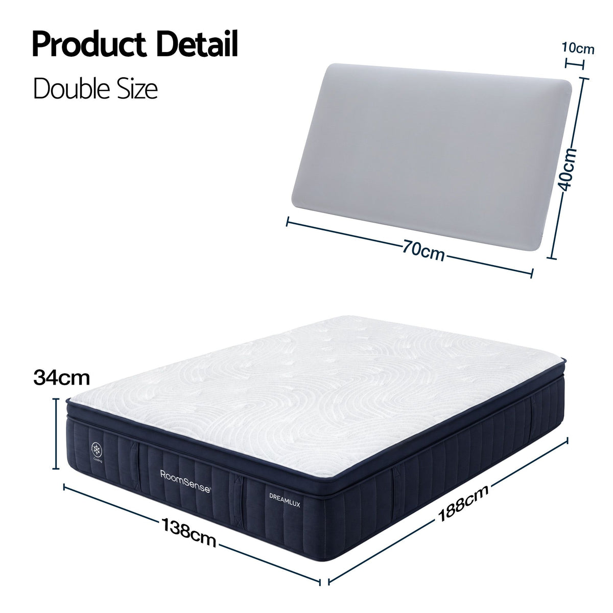 RoomSense Double 34cm Gel Cooling Tencel Mattress Bundle with 2 Pillows