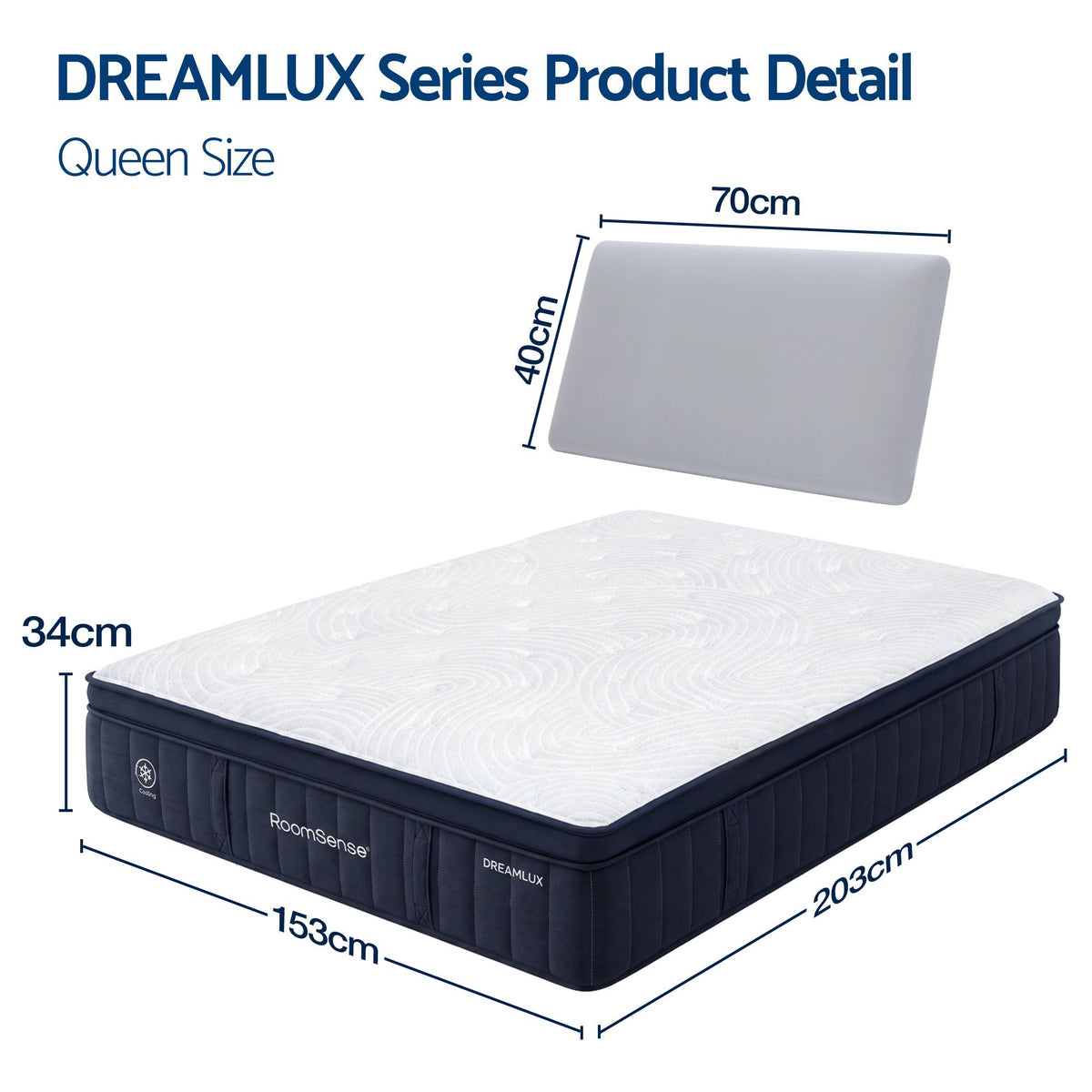 RoomSense Queen 34cm Gel Cooling Tencel Mattress Bundle with 2 Pillows