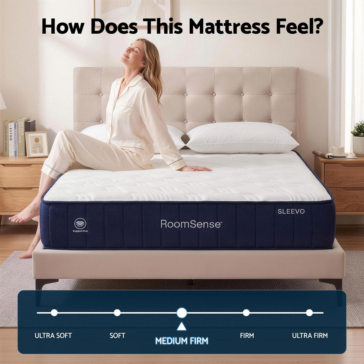 RoomSense Queen 26cm Firm Mattress Bundle with Beige Boucle Bed Frame