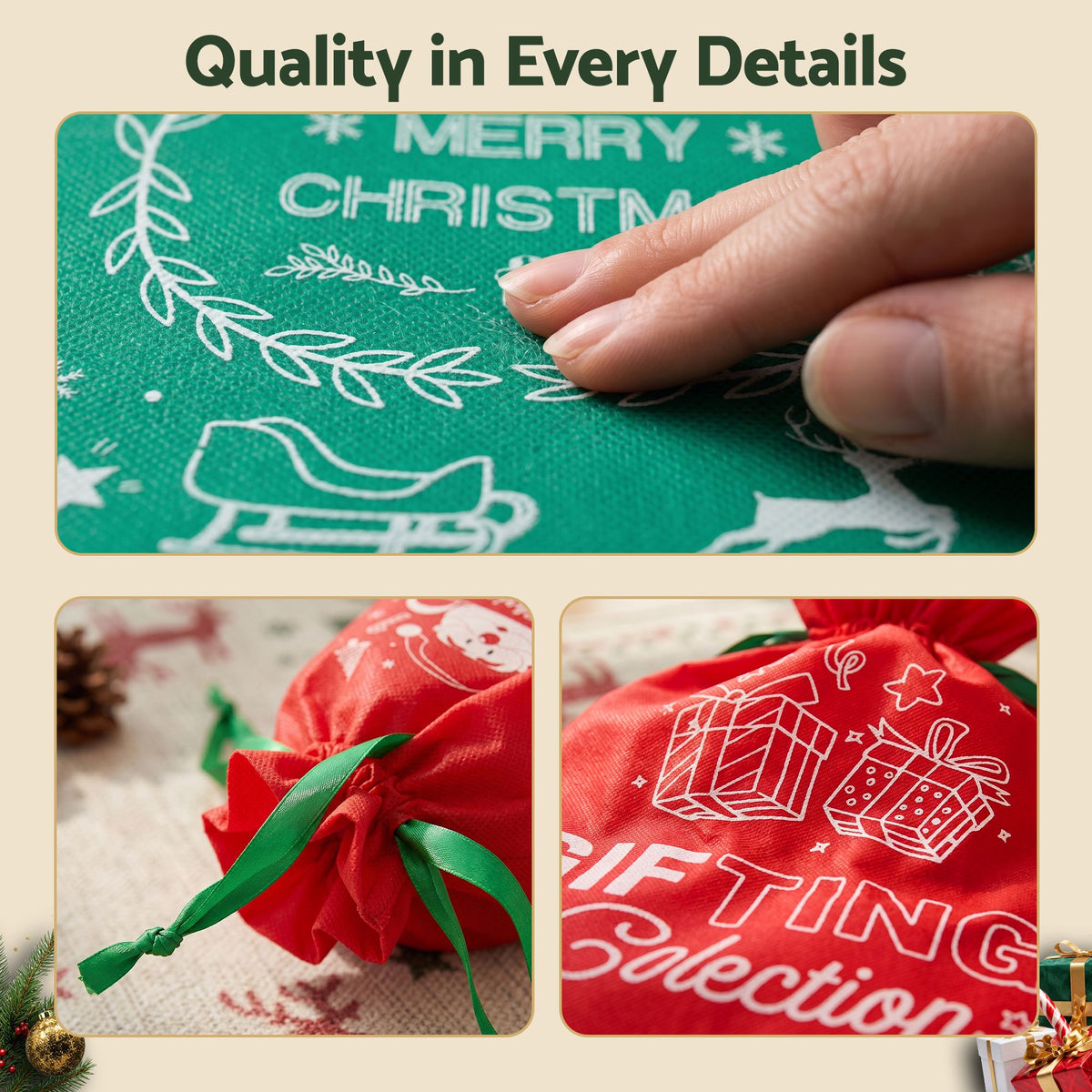 Jingle Jollys 12PCS Christmas Gift Bags Reusable Drawstring Candy Treats Bags 2 Sizes