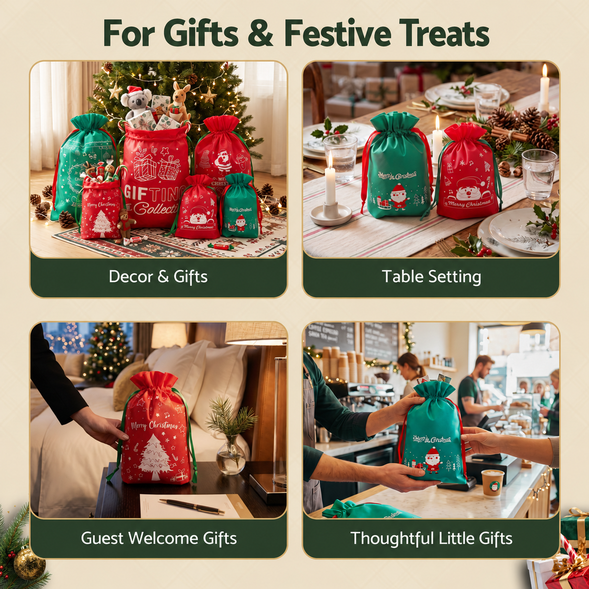Jingle Jollys 12PCS Christmas Gift Bags Reusable Drawstring Candy Treats Bags 2 Sizes