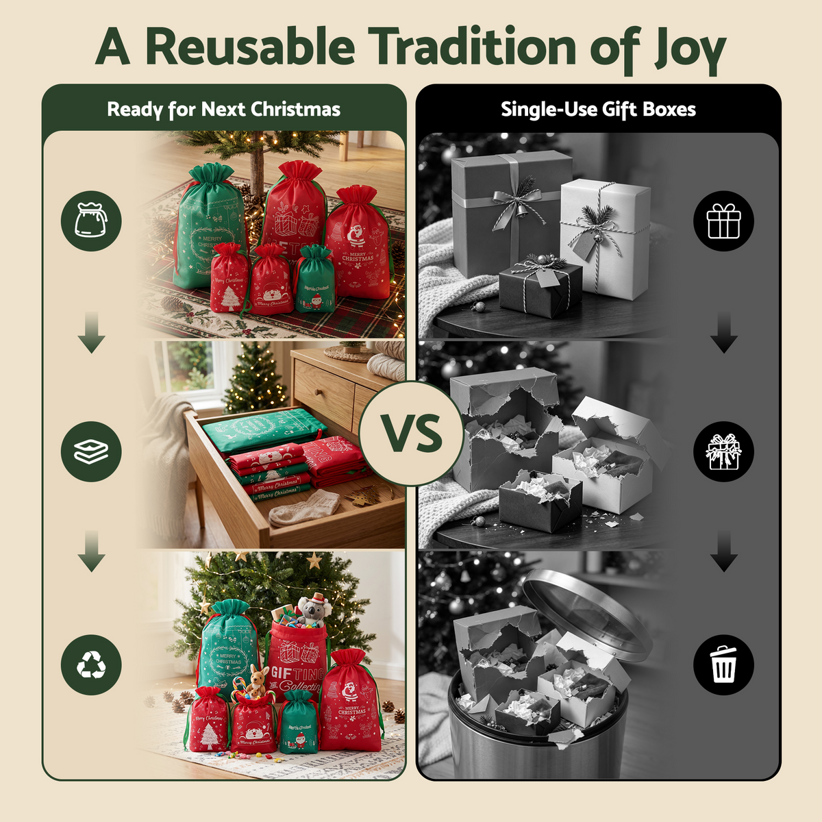 Jingle Jollys 12PCS Christmas Gift Bags Reusable Drawstring Candy Treats Bags 2 Sizes