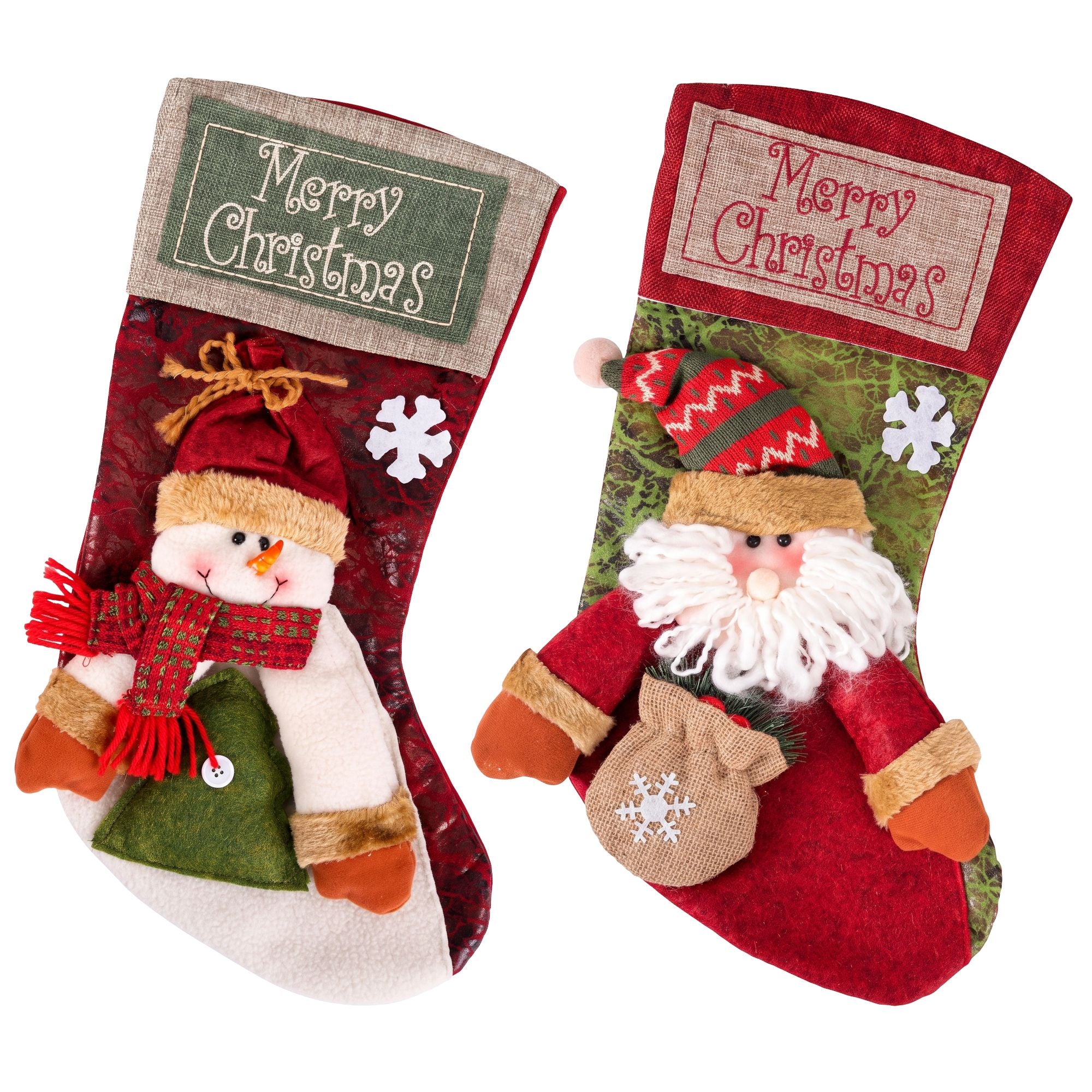 Jingle Jollys Christmas Stockings 2 Pack Large 3D Plush Santa Snowman 43.5cm Christmas Decor for Family Holiday Christmas Party Decorations
