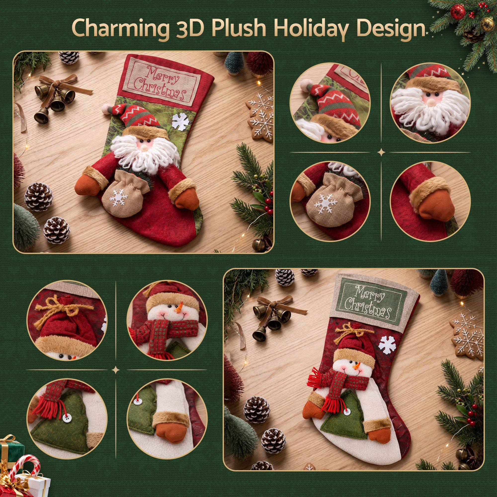 Jingle Jollys Christmas Stockings 2 Pack Large 3D Plush Santa Snowman 43.5cm Christmas Decor for Family Holiday Christmas Party Decorations