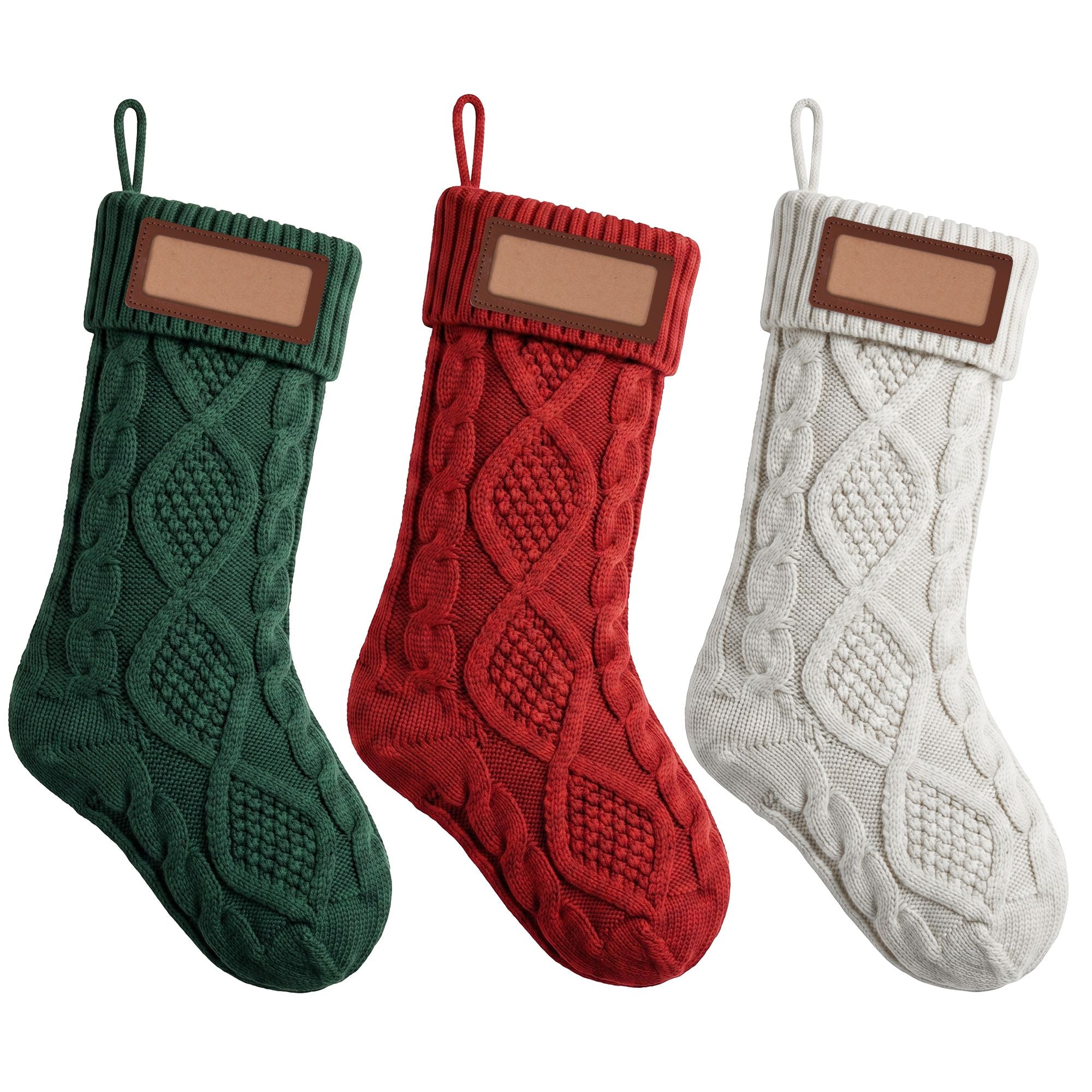 Jingle Jollys 3PCS Personalized Christmas Stockings with Leather Patches 16 Inch Knitted Solid Colour Xmas Decor For Fireplace Mantel, Christmas Tree, Home Decoration & Holiday Party Displays
