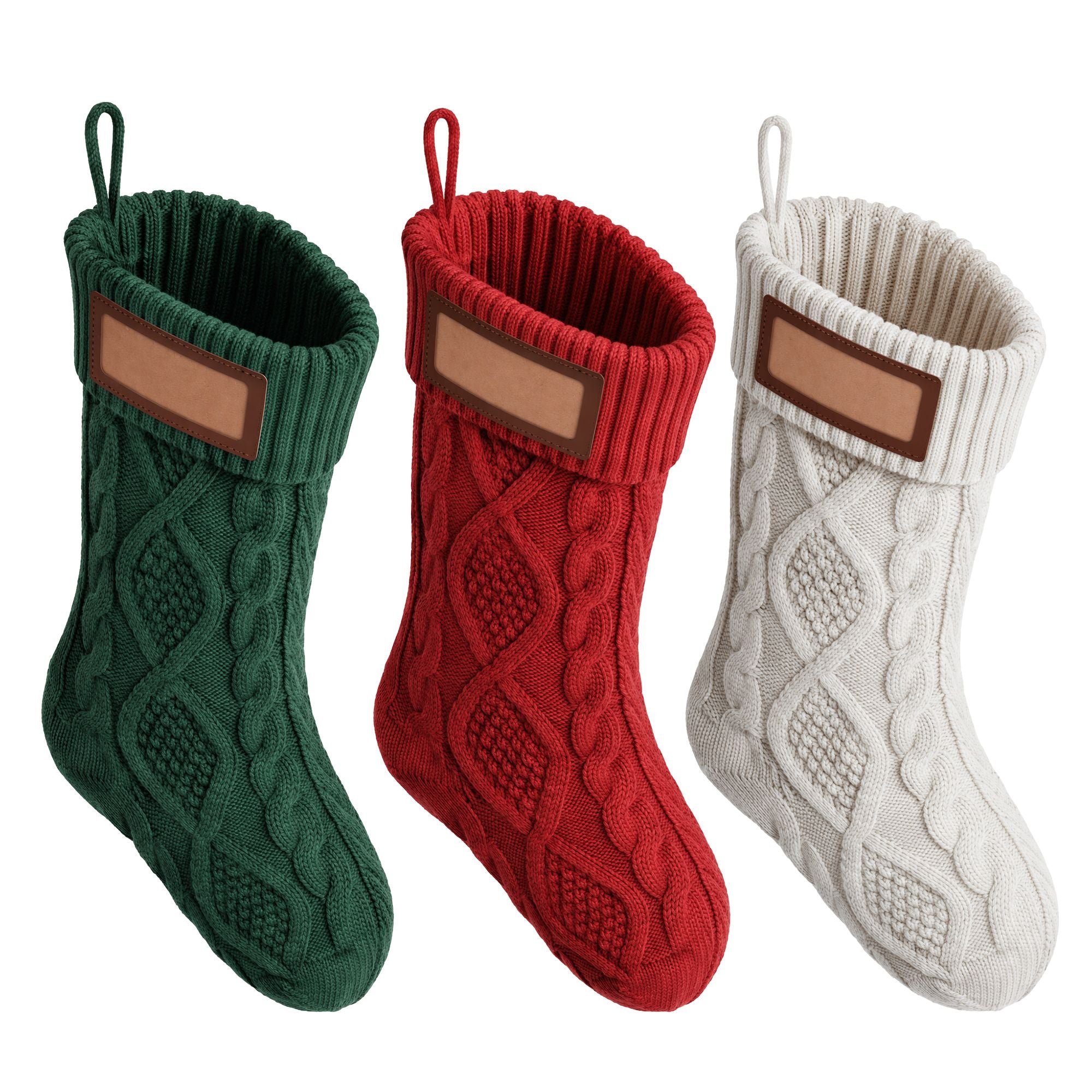 Jingle Jollys 3PCS Personalized Christmas Stockings with Leather Patches 16 Inch Knitted Solid Colour Xmas Decor For Fireplace Mantel, Christmas Tree, Home Decoration & Holiday Party Displays