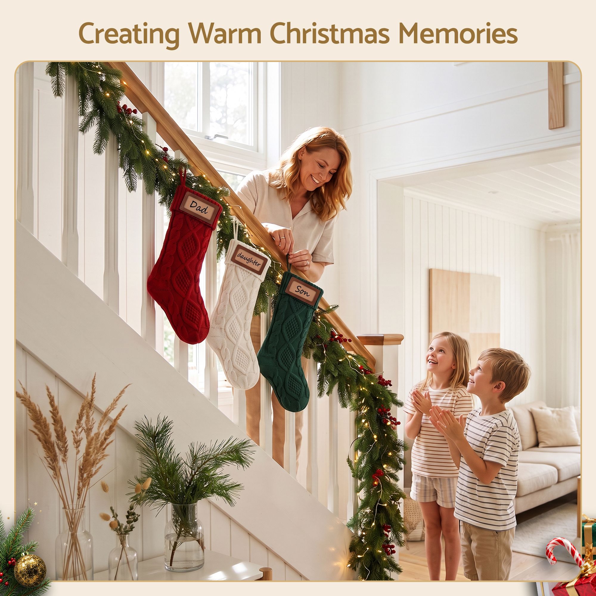 Jingle Jollys 3PCS Personalized Christmas Stockings with Leather Patches 16 Inch Knitted Solid Colour Xmas Decor For Fireplace Mantel, Christmas Tree, Home Decoration & Holiday Party Displays