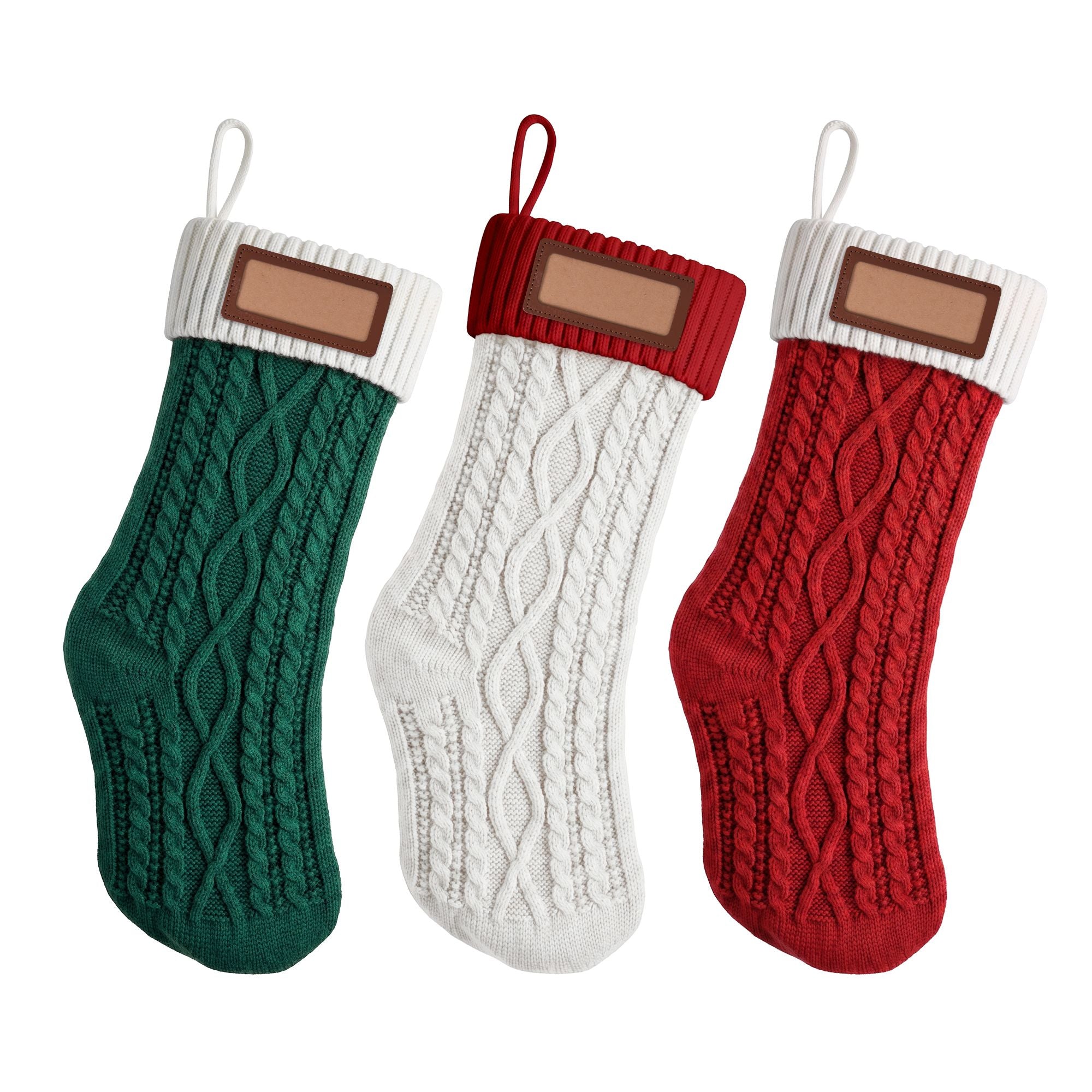Jingle Jollys 3PCS Personalized Christmas Stockings with Leather Patches, 16 Inch Knitted Contrast Colour Xmas Hanging Decor For Fireplace Mantel, Christmas Tree, Home Decoration & Holiday Party Displays