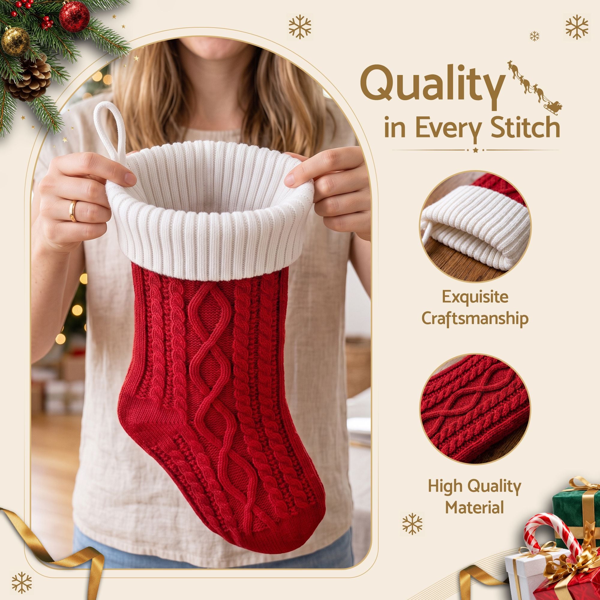Jingle Jollys 3PCS Personalized Christmas Stockings with Leather Patches, 16 Inch Knitted Contrast Colour Xmas Hanging Decor For Fireplace Mantel, Christmas Tree, Home Decoration & Holiday Party Displays