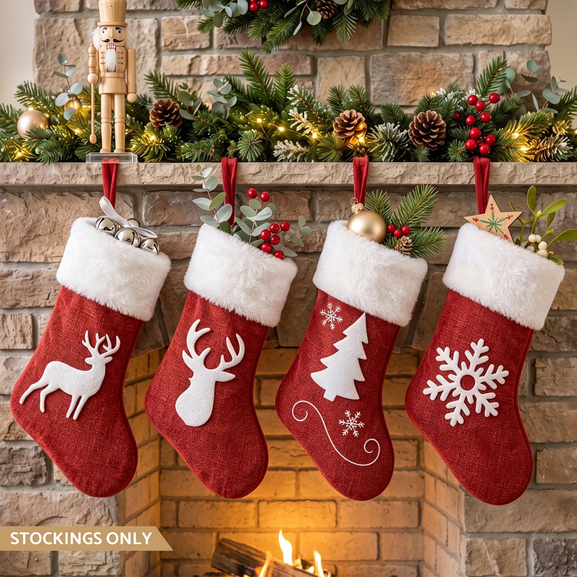 Jingle Jollys 4 Pack Large Velvet Christmas Stockings 46.5cm Red White Decor Perfect For Gift Ideal, Fireplace Mantels Christmas Trees Holiday Party Decorations