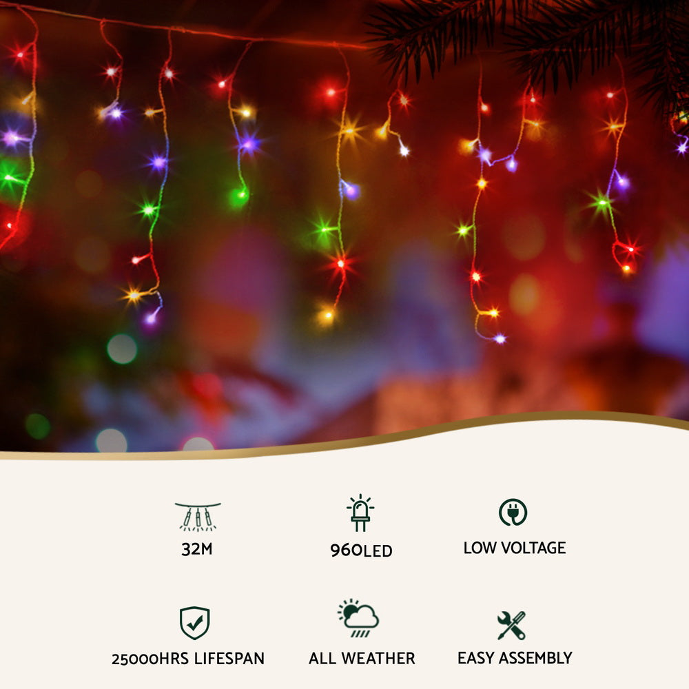 Outdoor Decorations & Lights: 32M Christmas Lights Icicle Light 960 LED Multi-coloured Jingle Jollys