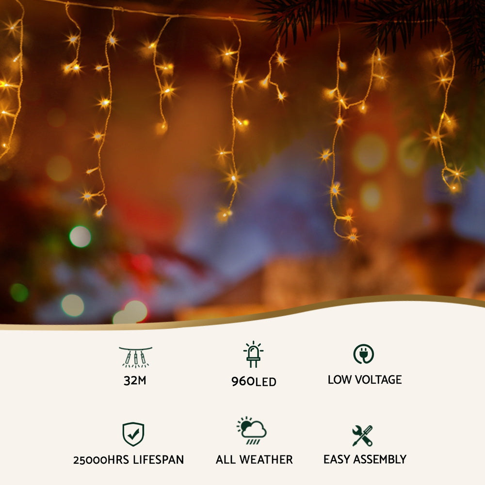 Outdoor Decorations & Lights: 32M Christmas Lights Icicle Light 960 LED Warm White Jingle Jollys