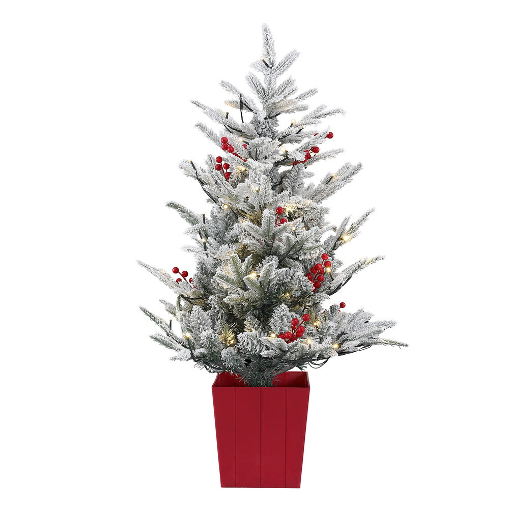 Christmas Trees: Jingle Jollys Christmas Tree 1M LED Potted Xmas Party Decor Red Barries Flocked