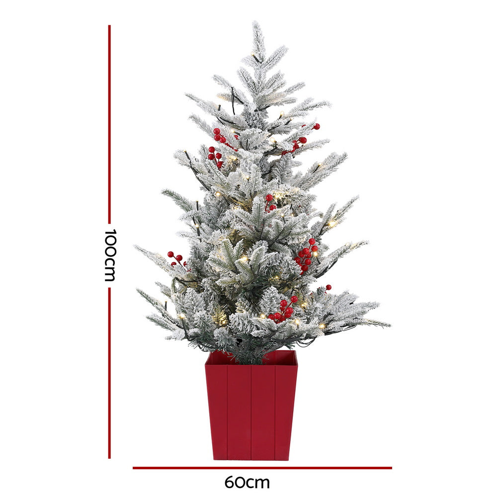 Christmas Trees: Jingle Jollys Christmas Tree 1M LED Potted Xmas Party Decor Red Barries Flocked