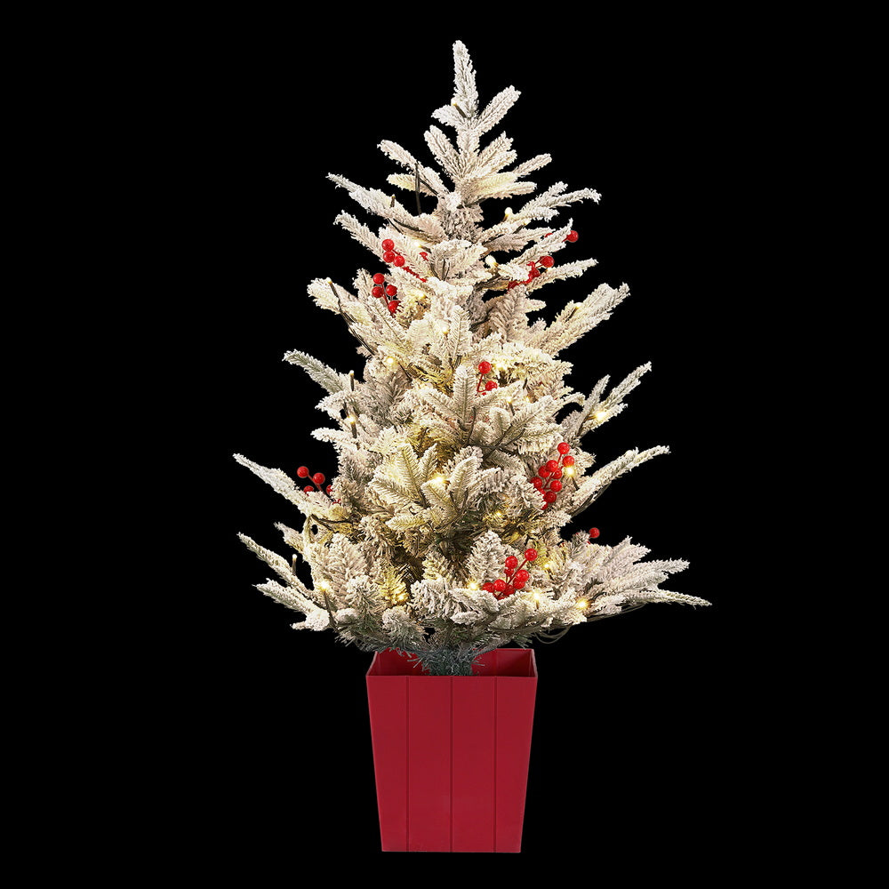 Christmas Trees: Jingle Jollys Christmas Tree 1M LED Potted Xmas Party Decor Red Barries Flocked
