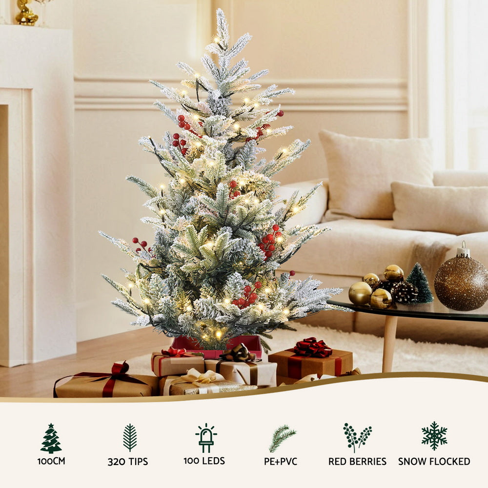 Christmas Trees: Jingle Jollys Christmas Tree 1M LED Potted Xmas Party Decor Red Barries Flocked
