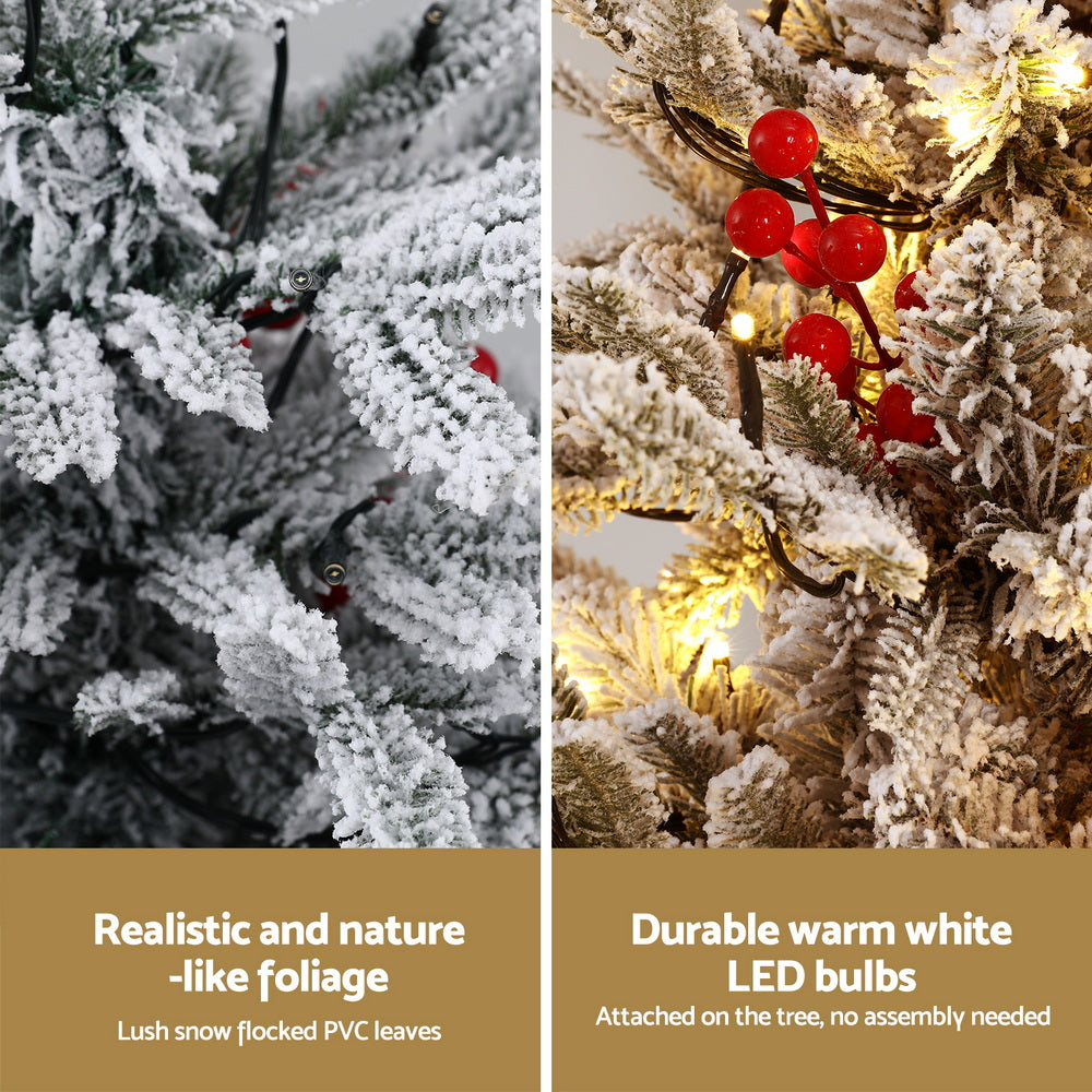 Christmas Trees: Jingle Jollys Christmas Tree 1M LED Potted Xmas Party Decor Red Barries Flocked
