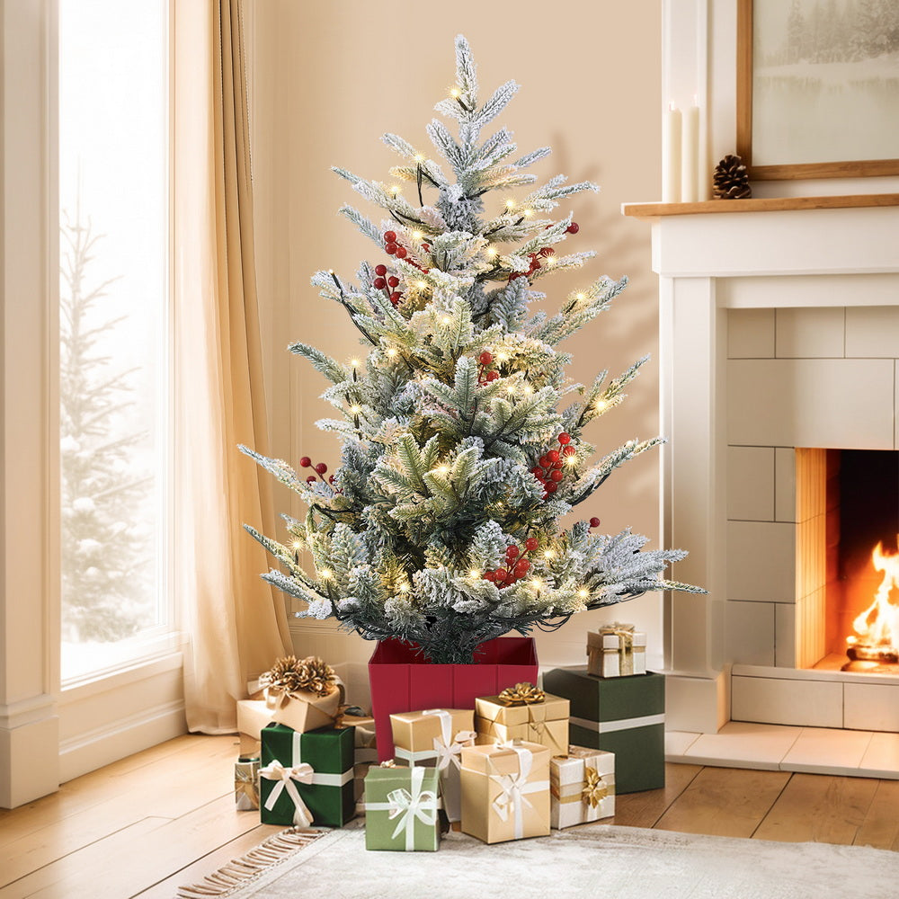 Christmas Trees: Jingle Jollys Christmas Tree 1M LED Potted Xmas Party Decor Red Barries Flocked