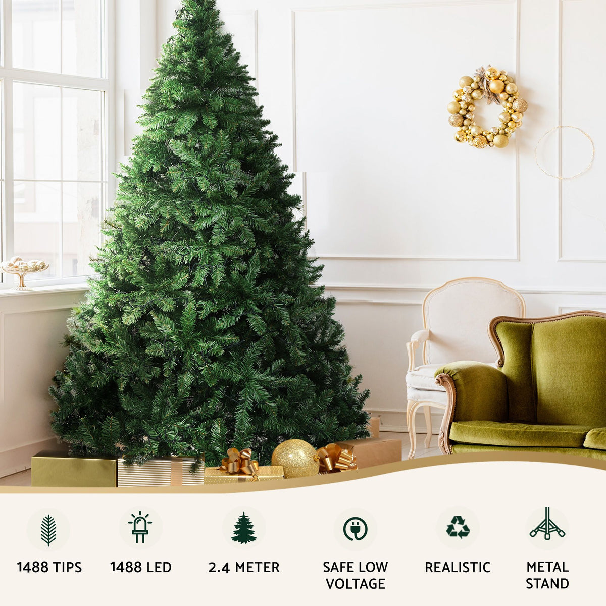 Jingle Jollys 2.4m Pre-Lit Christmas Tree 1488 LED Green with Red Storage Bag