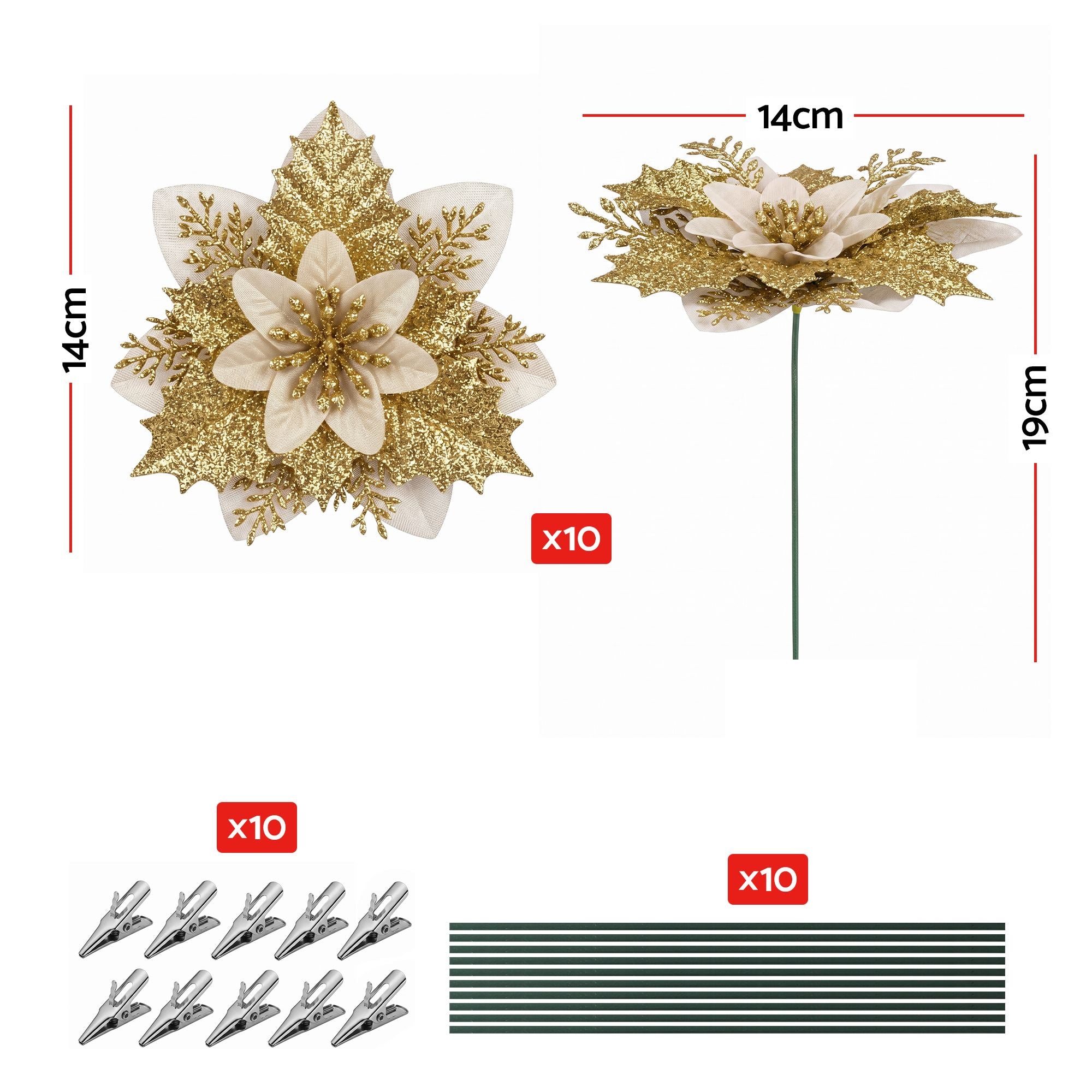Jingle Jollys 10Pcs Christmas Tree Flower Set Garland Wreath Poinsettia Decorations