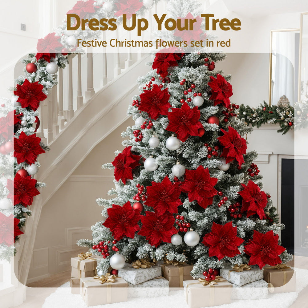 Christmas Decorations: Jingle Jollys 14Pcs Christmas Tree Flowers Set Xmas Garland Wreath Ornaments Red
