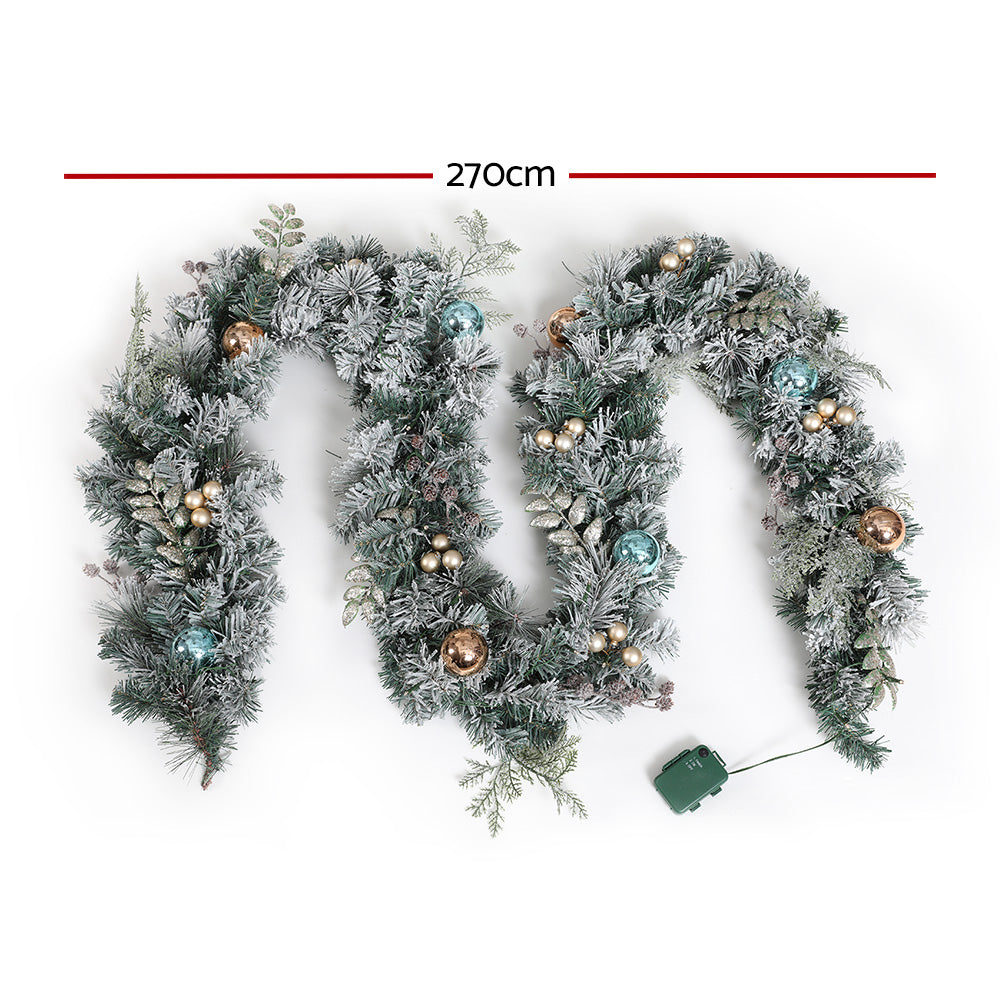 Outdoor Decorations & Lights: Jingle Jollys 2.7m Christmas Garland with LED Lights Snowy Decoration Xmas Party