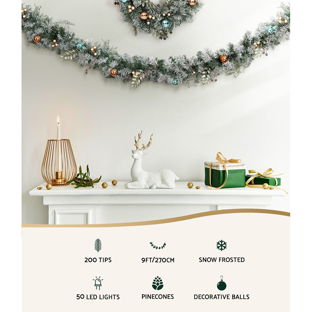 Outdoor Decorations & Lights: Jingle Jollys 2.7m Christmas Garland with LED Lights Snowy Decoration Xmas Party